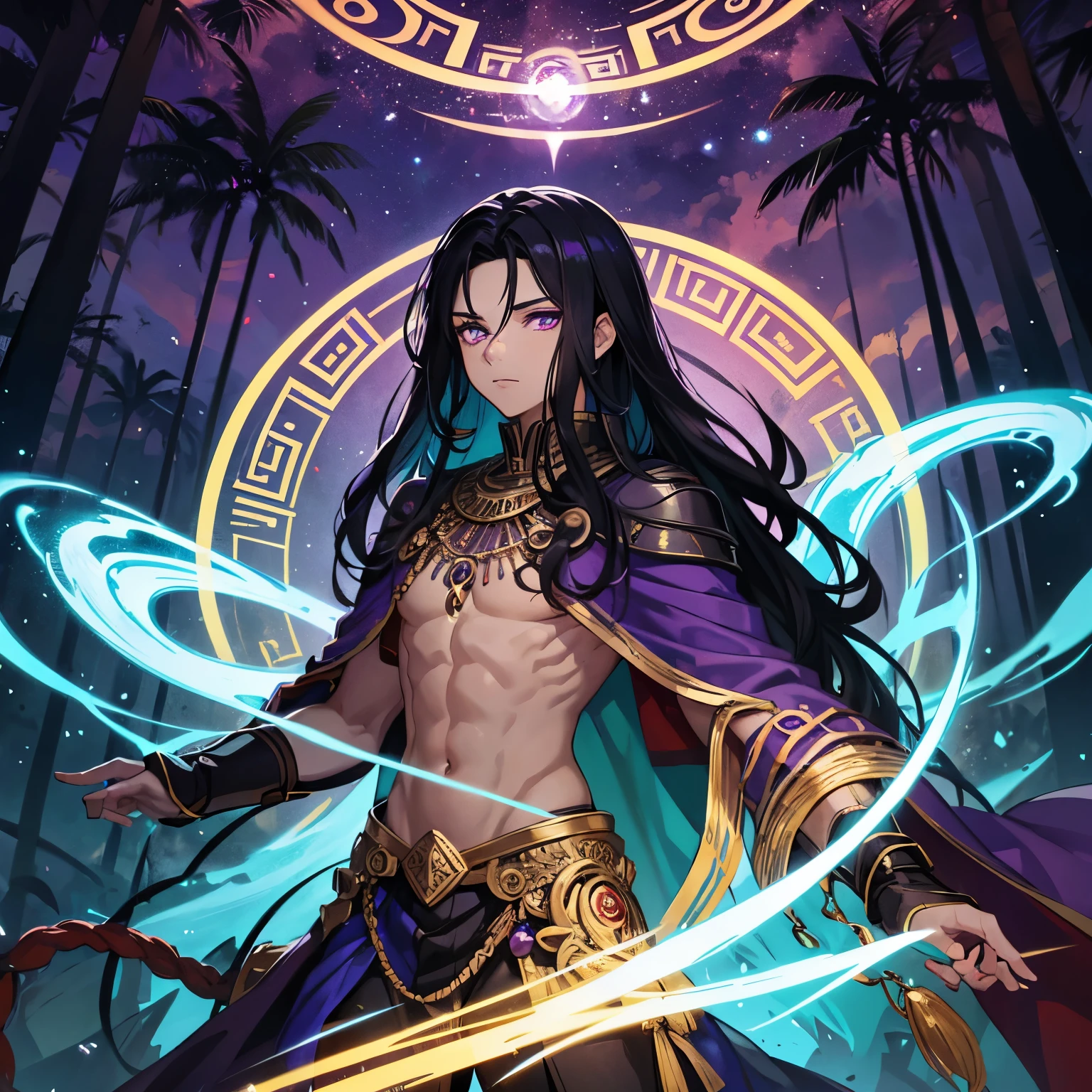 God of mischief, black hair, brown skin, purple eyes, purple, red, and blue fire, fiery aura, magic circle, in jungle, aztec, night, wearing fur pelt, deity. Inside the jungle, outside,