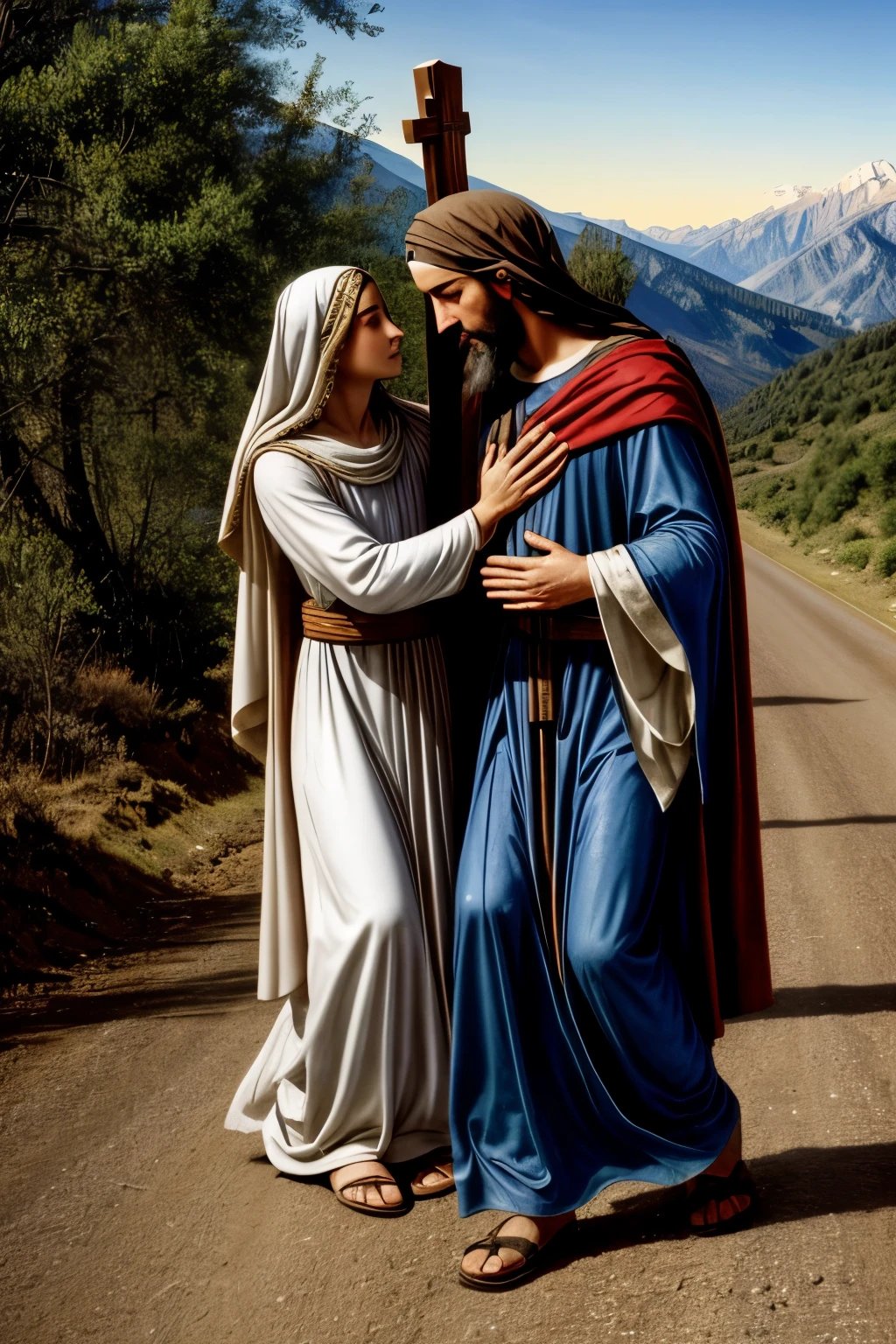 alta qualidade, 8K Ultra HD, Virgin Mary embraces Jesus carrying the cross on the road to Calvary