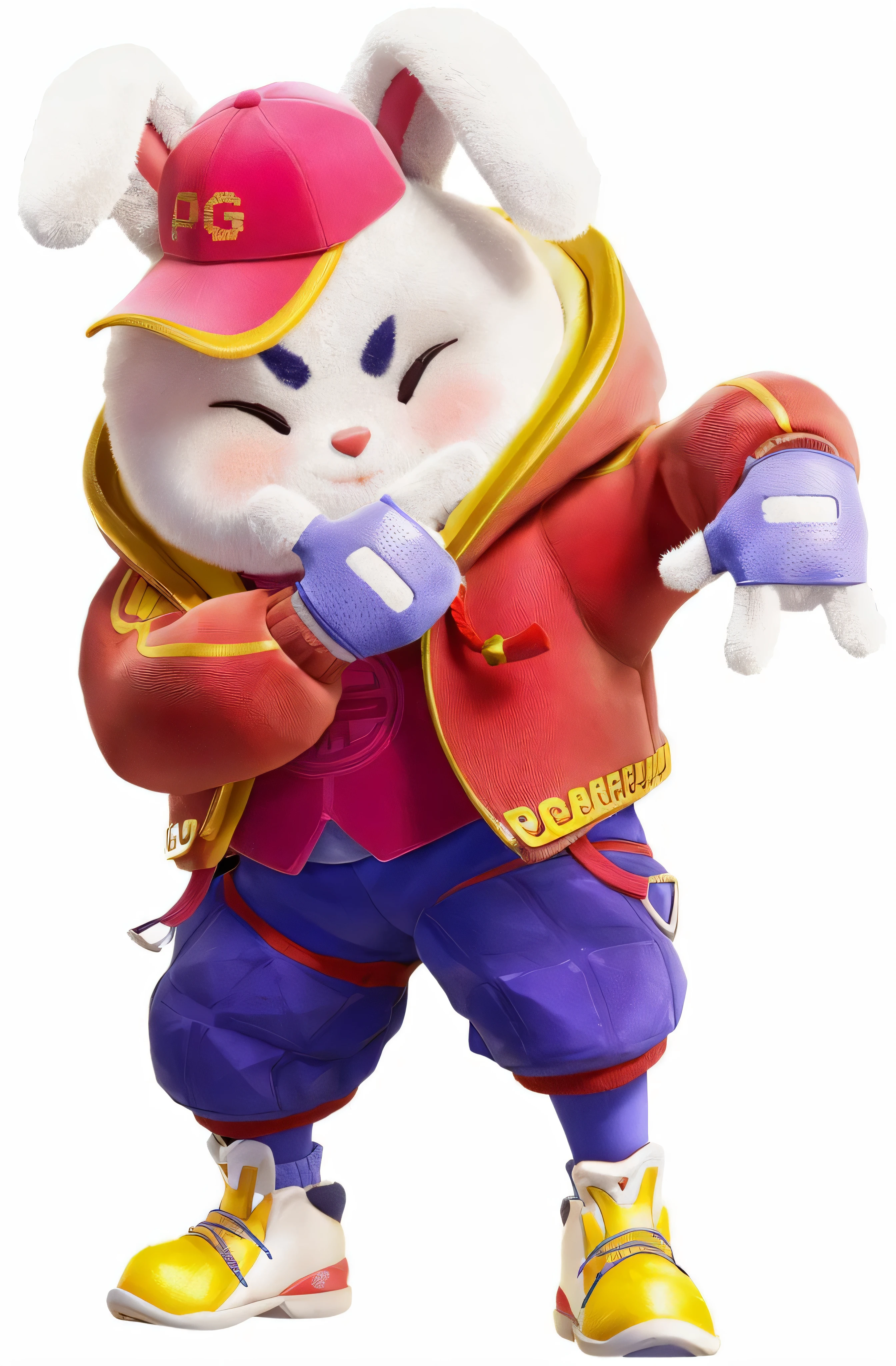 a close up of a toy rabbit wearing a baseball cap and a jacket, rabbt_character, fighting game character, official character art, toonix character, katana zero video game character, 3 d render official art, 3d model of a japanese mascot, as a character in tekken, zhongli from genshin impact, official art, official render