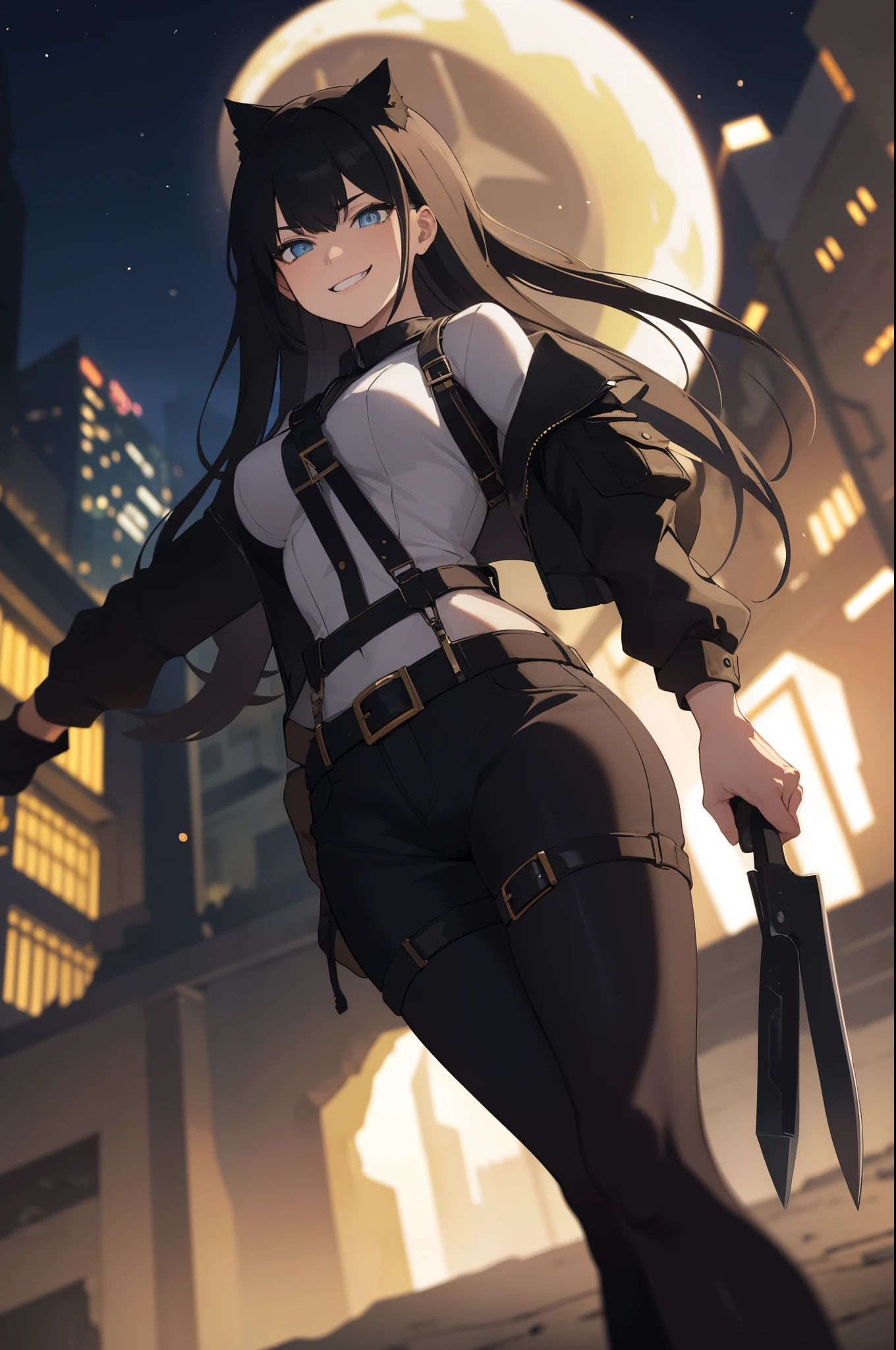 (masterpiece, high-resolution, best quality, highest_detailed: 1.2), (blurry, night Wasteland Ruins: 1.4), cinematic moon light, ultra detailed shadow, 1girl, white bodysuits, dynamic composition from below
BREAK
young cute girl, black hair, black body harness belt, linen hot pants, assasin tools, accent red color, smirk, ultra-detailed eyes, slender