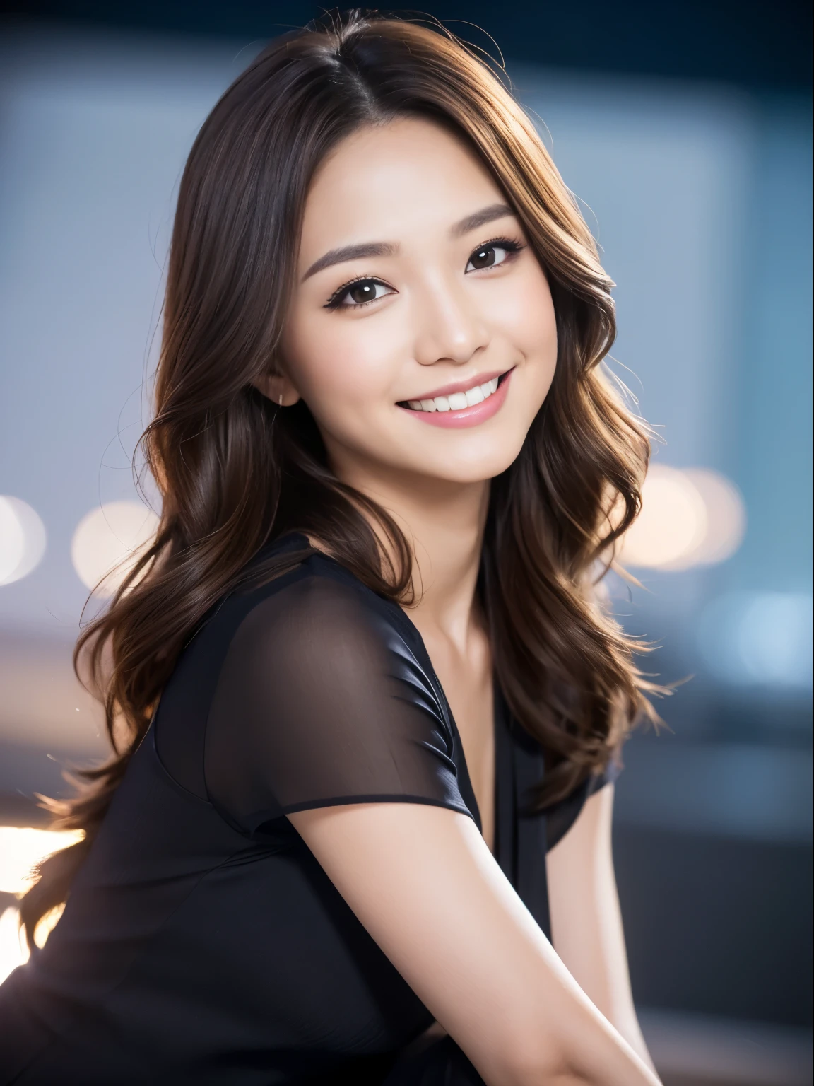 kindly smile, A smile loved by everyone, Best Quality,Above the knee , Night Background , masutepiece, hight resolution, (Detailed:1.4), 1 girl, (Natural Eyeliner), light brown hair, Natural-looking makeup, eyeshadows, very thin eyebrows, Wavy Hair