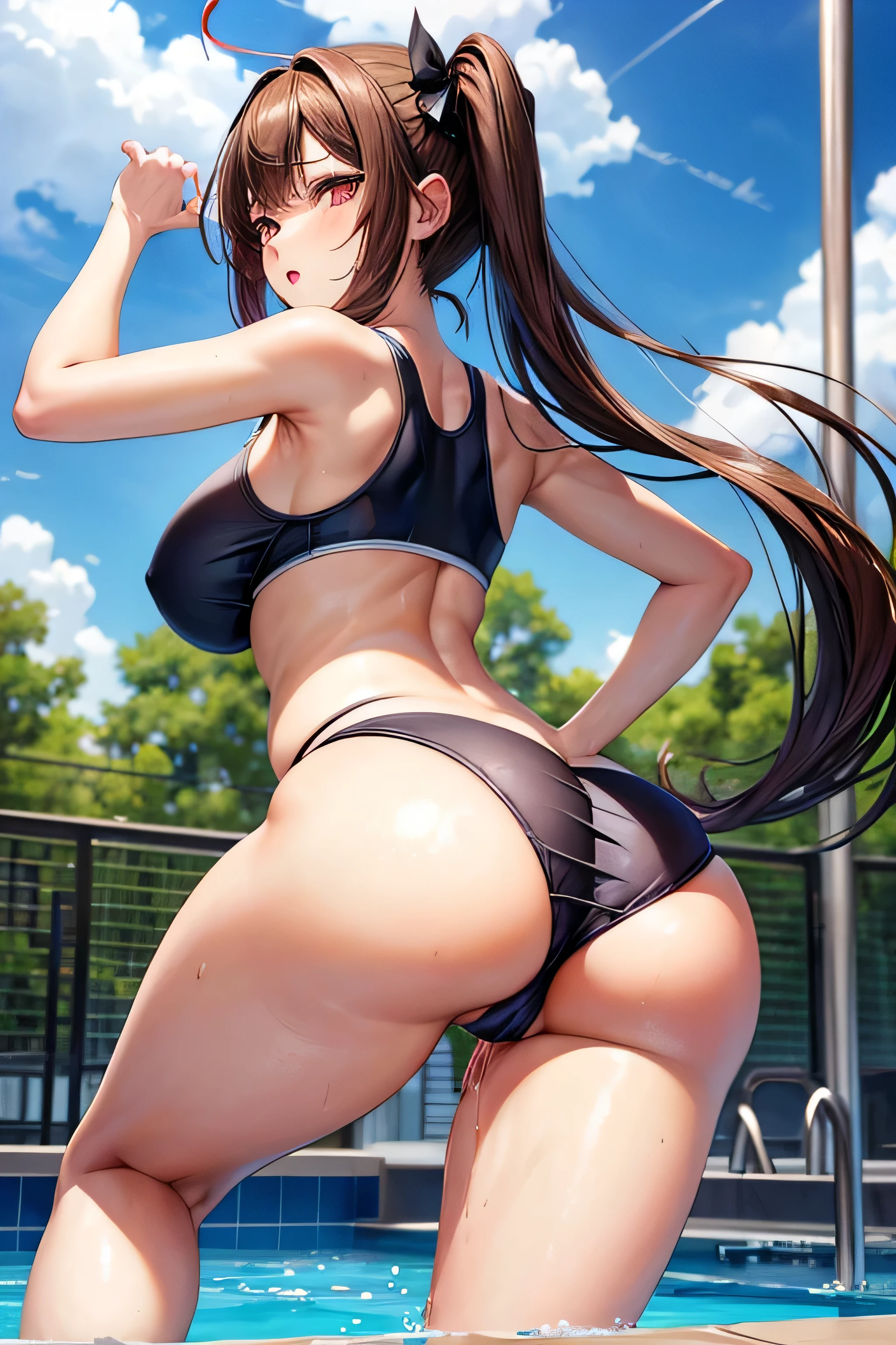 High resolution, high quality, 1 girl, anime girl, NSFW,(spread your pussy:1.3),((expand the uterus)),((spread urethra)),(widen the anus:1.3),dark brown hair,long hair,twin tails,dark brown eyes,heart-shaped pupil,orgasm, big breasts,beautiful breasts,long nipples,erect nipples, (big ass),beautiful butt,Sweat,(Pissing),[[Pregnant]],booty pose,school swimwear,pole dance,raise your legs,show panties,by the pool,