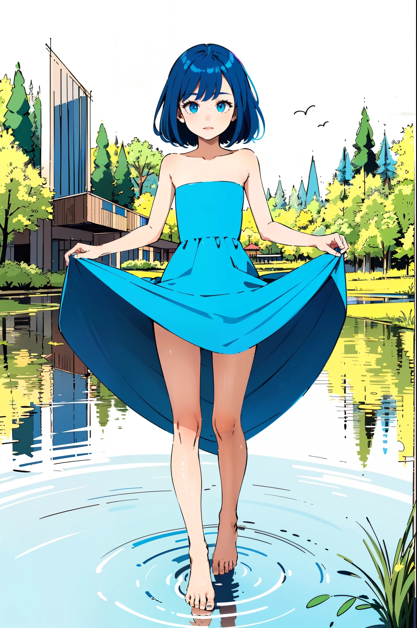 superflat, flat shading, flat colors, 1girl, little, slim, flat chest, lonh hair, (long blue dress:1.2), bare feet, lift dress with hands, upskirt, (naked pussy:1.2), standing on grass, by a lake, touching water by toes, reflection in water, summer, day, vibrant colors, iwish