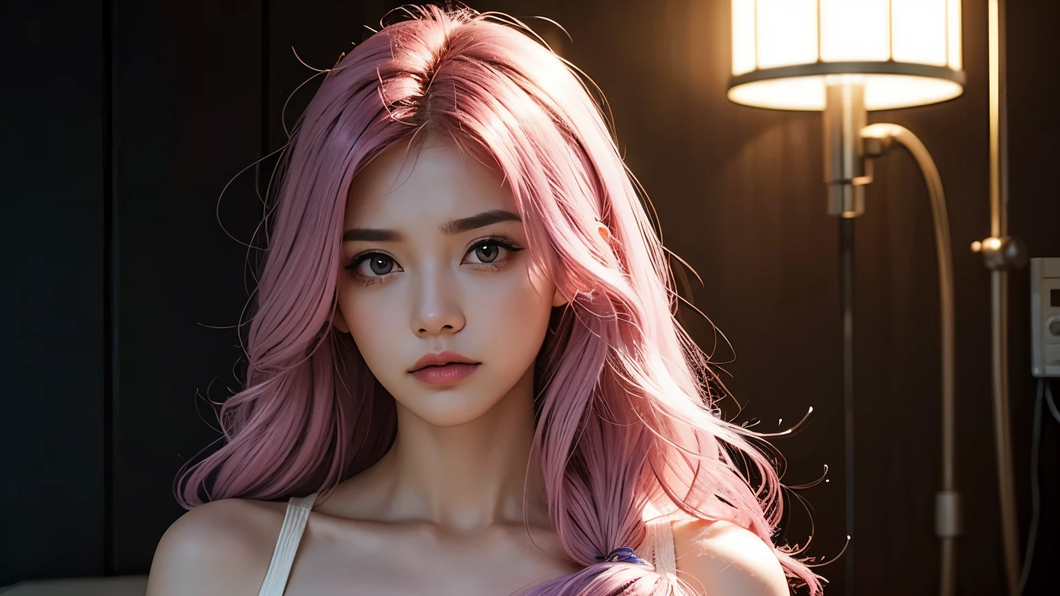 A mommy with long light pink soft purple hair, perfect big booba , good quality, detailed beauty face, angry face