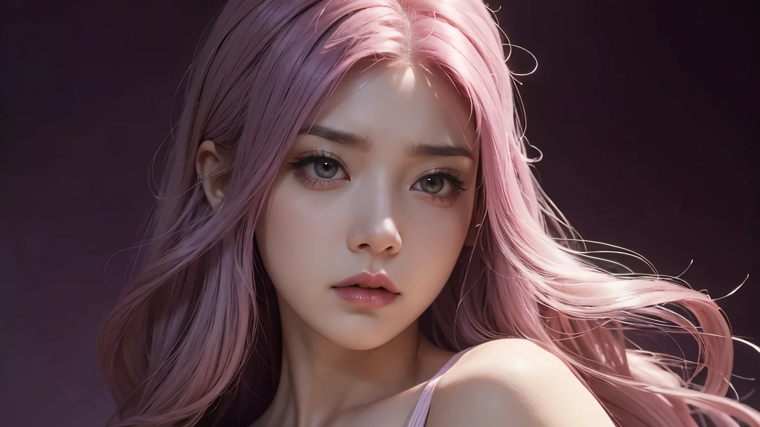A mommy with long light pink soft purple hair, perfect big booba , good quality, detailed beauty face, angry face