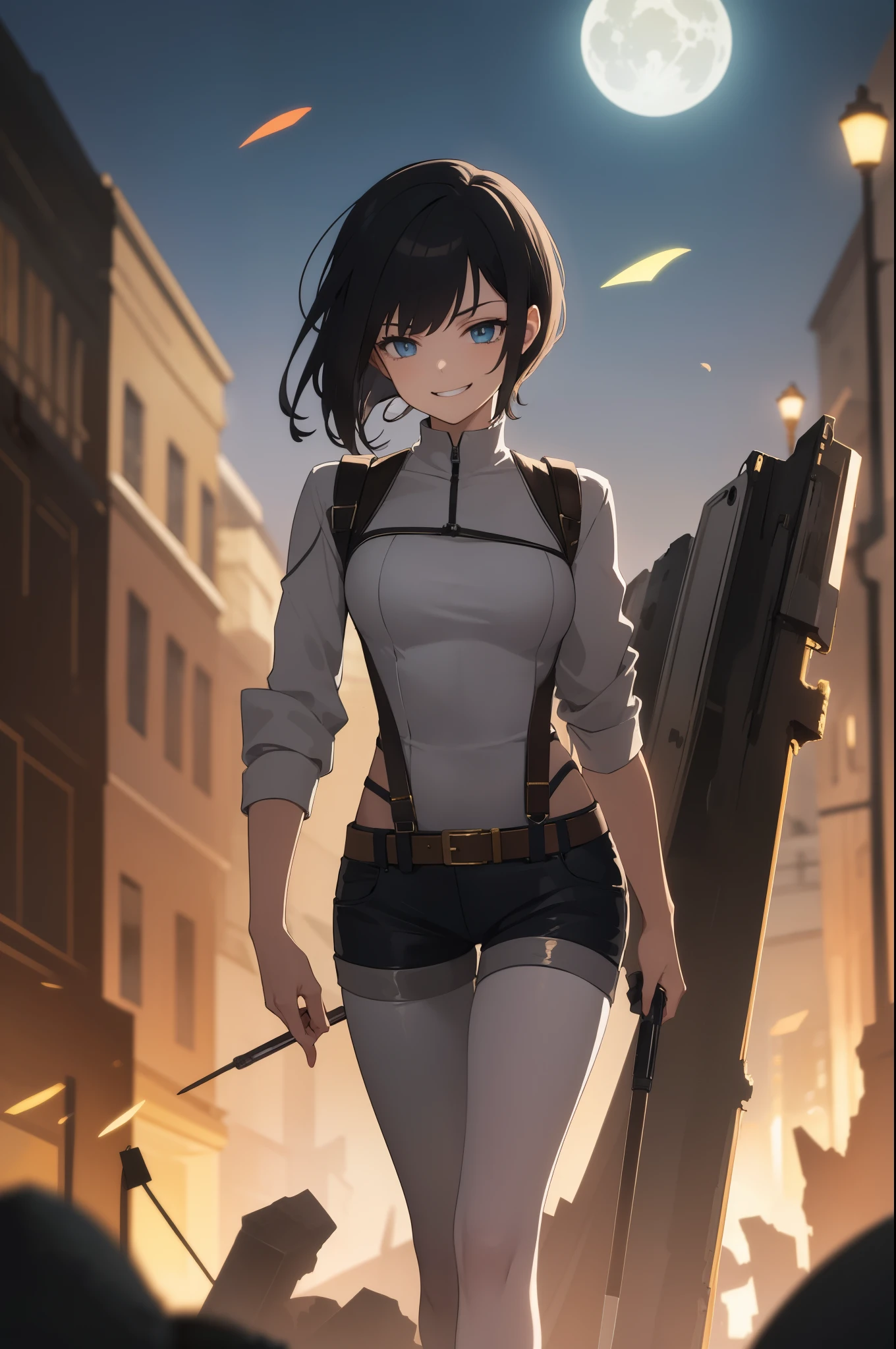 (masterpiece, high-resolution, best quality, highest_detailed: 1.2), (blurry, night Wasteland Ruins: 1.4), cinematic moon light, ultra detailed shadow, 1girl, white bodysuits, dynamic composition from below
BREAK
young cute girl, black hair, black body harness belt, linen hot pants, assasin tools, accent red color, smirk, ultra-detailed eyes, slender