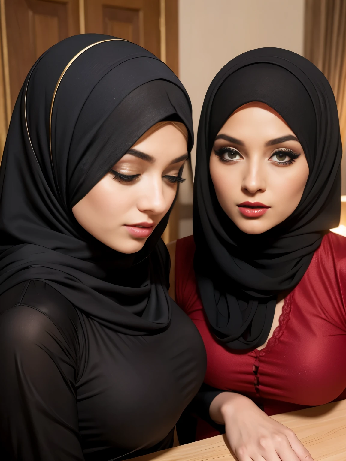 Two beautiful hijab girls with long hair, hair sticking out from under the scarf. Short and tight skirt, beautiful yellow and red bodice, big and beautiful black eyes and very high and very realistic quality, cleaning the table, red lips and black pantyhose, secretary dress and bent down and big breasts. Tori bust, profile head, flirting with closed eyes, long eyelashes, black eye shadow, black eyeliner, cinematic, illuminated