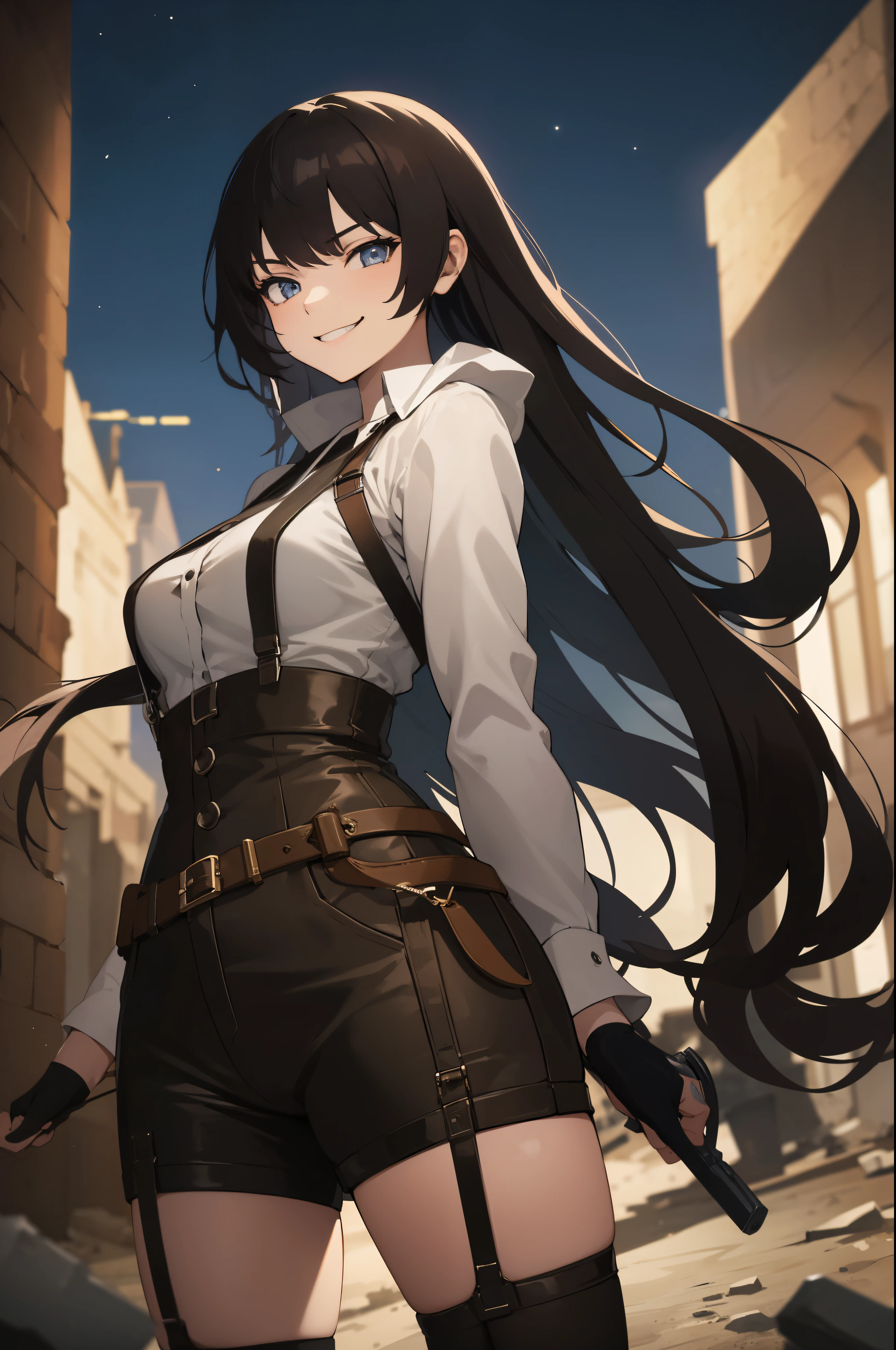 (masterpiece, High resolution, Highest品質, Highest_be familiar with: 1.2), (blurry, Ruins in the wilderness at night: 1.4), movie-like moonlight, ultra be familiar with shadow, 1 girl, white bodysuit, Dynamic composition from below BREAK Young cute girl, black hair, black body harness belt, linen hot pants, assassin tools, accent red color, grin, ultra-be familiar with eyes, thin