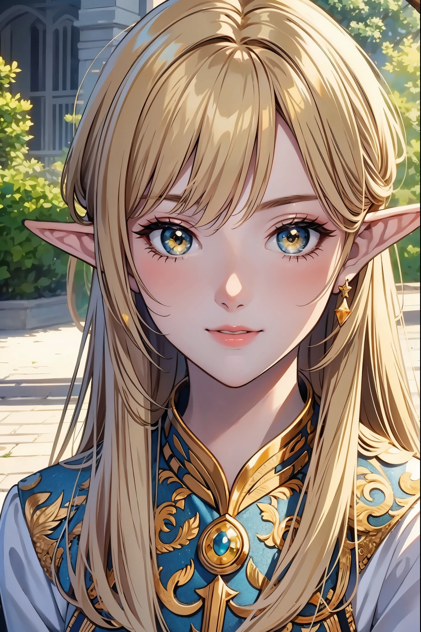 Masterpiece, Ultra High quality, 4k resolution, closeup portrait. Gorgeous perfect face, elf, blonde hair, (bright yellow parkling eyes:1.4), luscious lips, cute nose, slight smile, magical appearance:1.2 