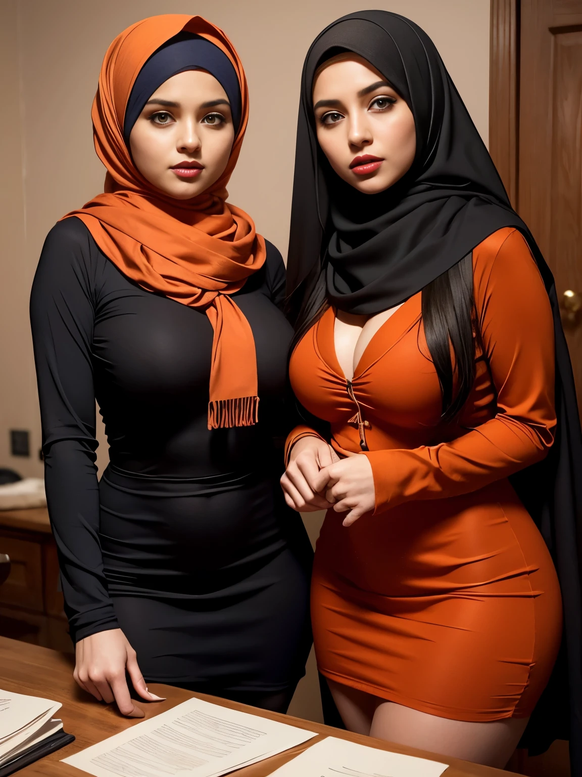 Two beautiful hijab girls with long hair, hair sticking out from under the scarf. Short and tight skirt, beautiful orange and blue bodice, big and beautiful black eyes, very high quality and very realistic, cleaning the table, red lips and black pantyhose, secretary dress and bent down and big breasts. The bust is like this, the head is profiled, flirty, cinematic, illuminated