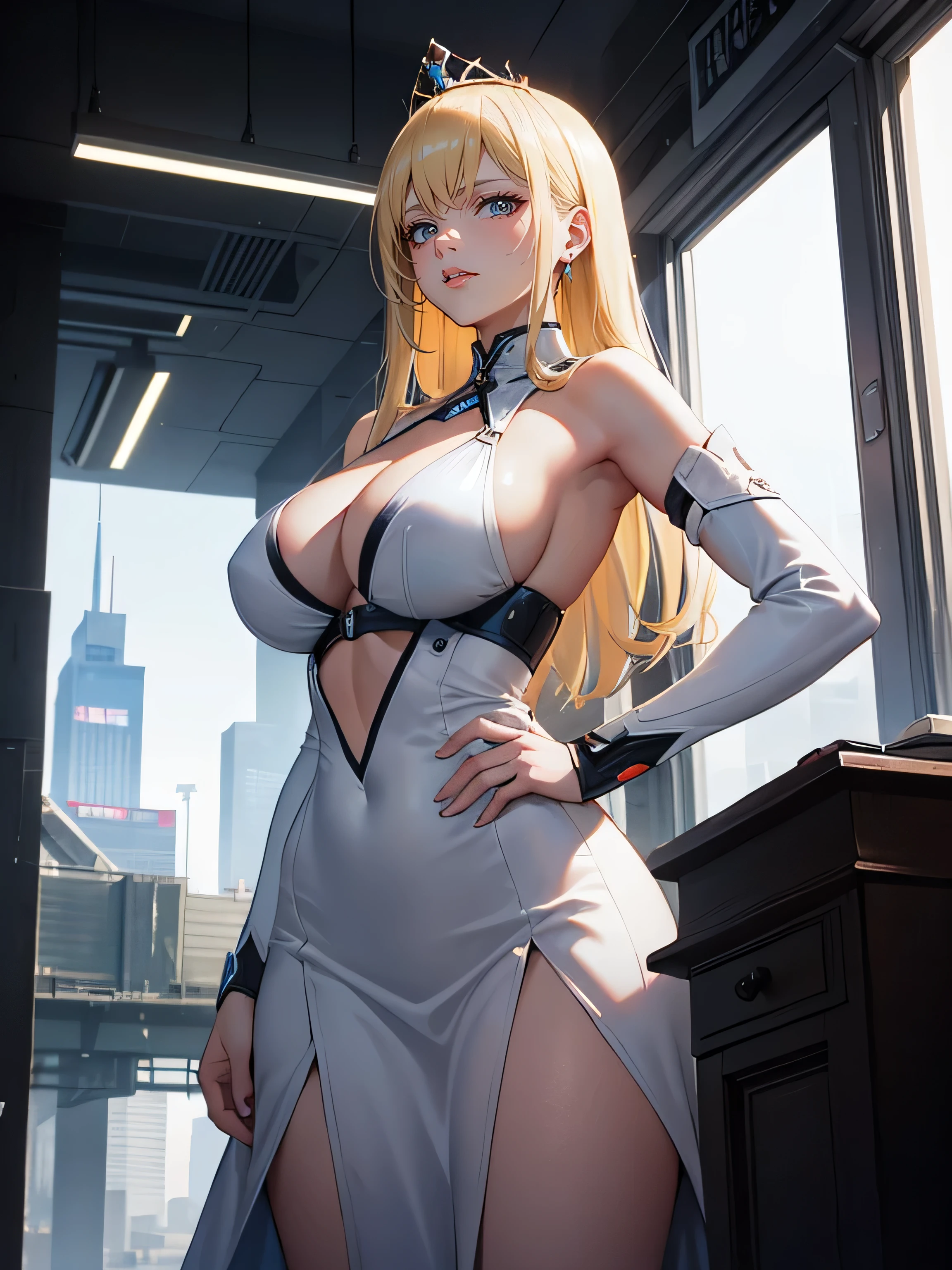 alta qualidade, premiado, high resolution, 8K, 28 year old queen blonde woman wearing advanced technological white dress, flor do fundo, cidade de fantasia cyberpunk, Rosto misterioso, desenhe apenas uma torre no fundo, the woman is in a heroic pose