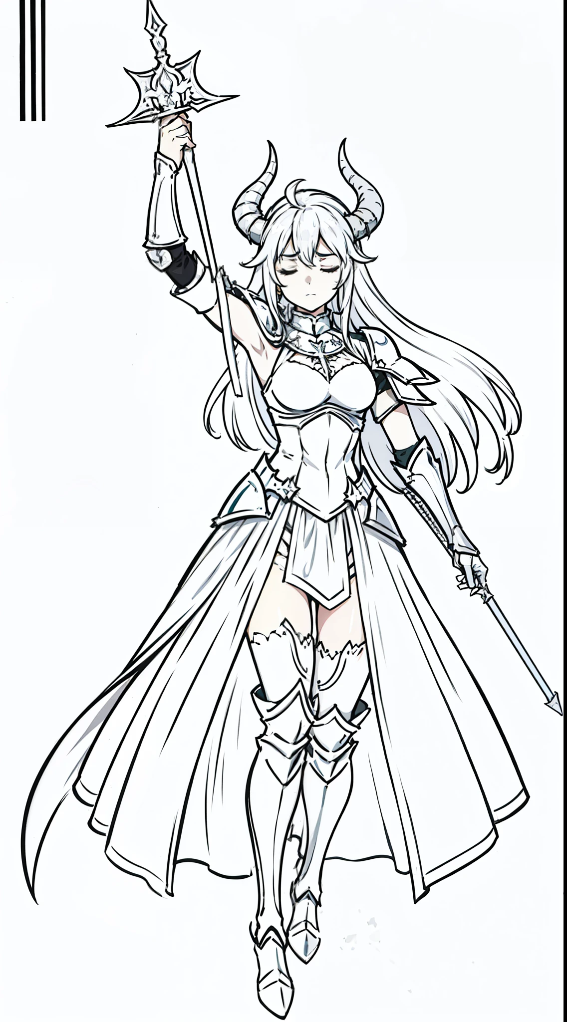 1girl,18s,horns,long hair,cathyl hair,templar knight armor,(white background,line drawing),raising your hand up, graceful,closed eyes,battle pose,expressionless