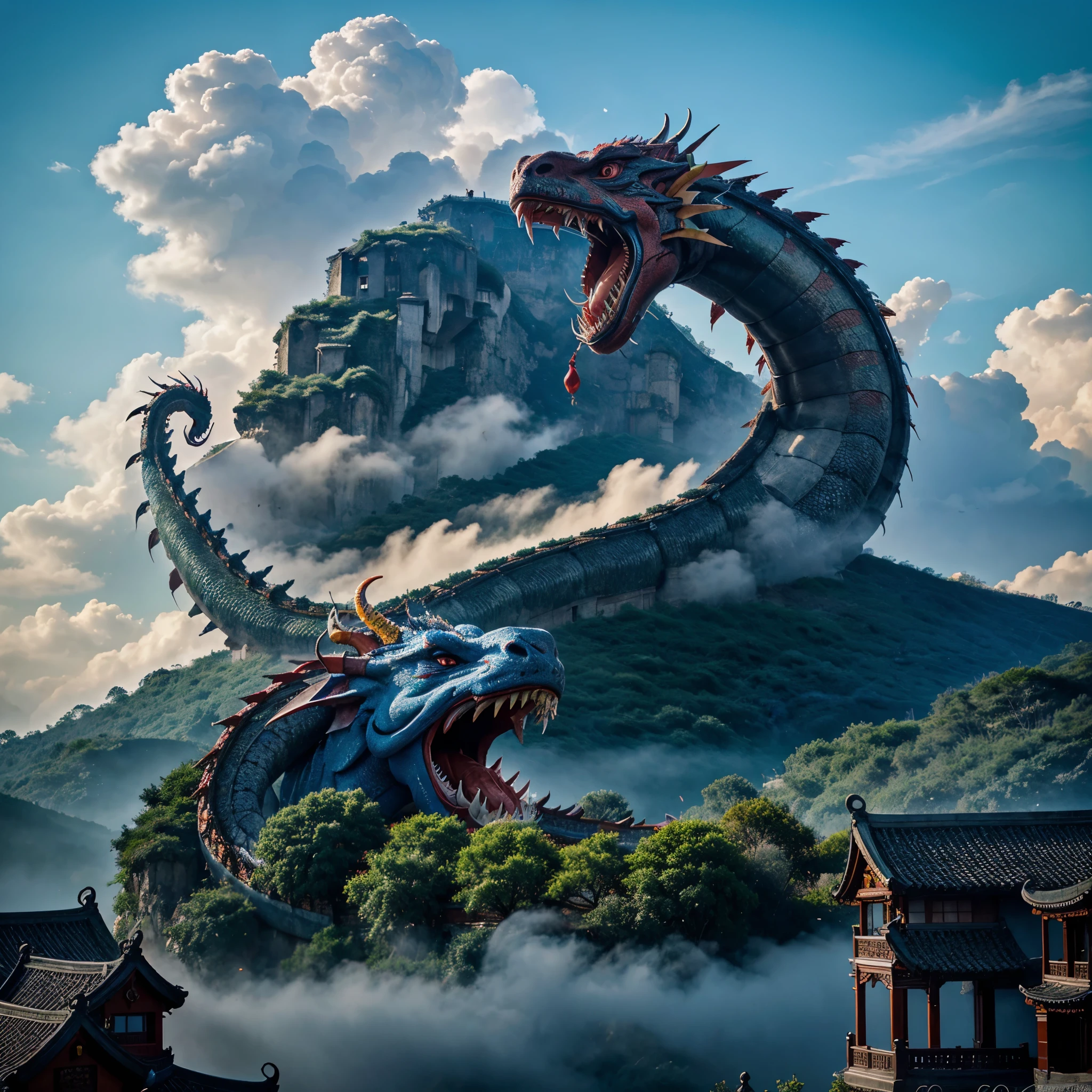 A Huge And Colorful Chinese Dragon Sorrounded By Clouds Mist The Opened Its Mouth With Sharp Teeth Winding Majestic Perched In An Ancient Building Background