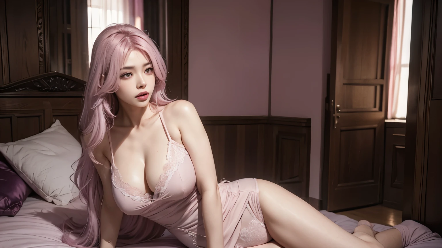 A mommy with long light pink soft purple hair, sexy body, perfect big booba , good quality, detailed beauty face, angry face
