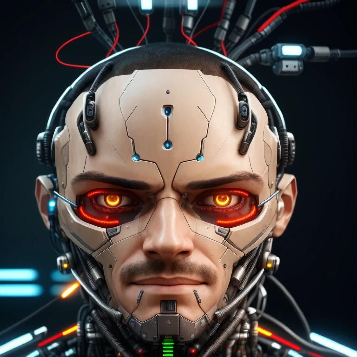 a close up of a man with a robot head and wires, detailed portrait of a cyborg, close-up portrait of cyborg, portrait of cyborg, portrait of a cyborg, cyborg portrait, detailed face of an android, portrait of a cyberpunk cyborg, symmetry!! portrait of cyborg, cyberpunk face, cybernetic and highly detailed, cyborg male, futuristic background, smile