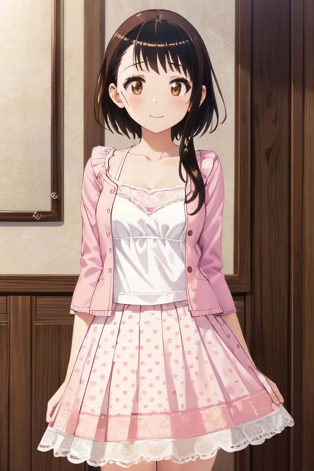 (Highly detailed CG Unity 8k wallpaper), (masterpiece), (highest quality), (Super detailed), (best illustrations), (confused), 1 girl, alone, brown hair, brown eyes, (white camisole:1.1), (pink lace jacket:1.1), (blue pleated skirt:1.1), (polka dot pattern on skirt:1.1), looking at the viewer, smile, blush