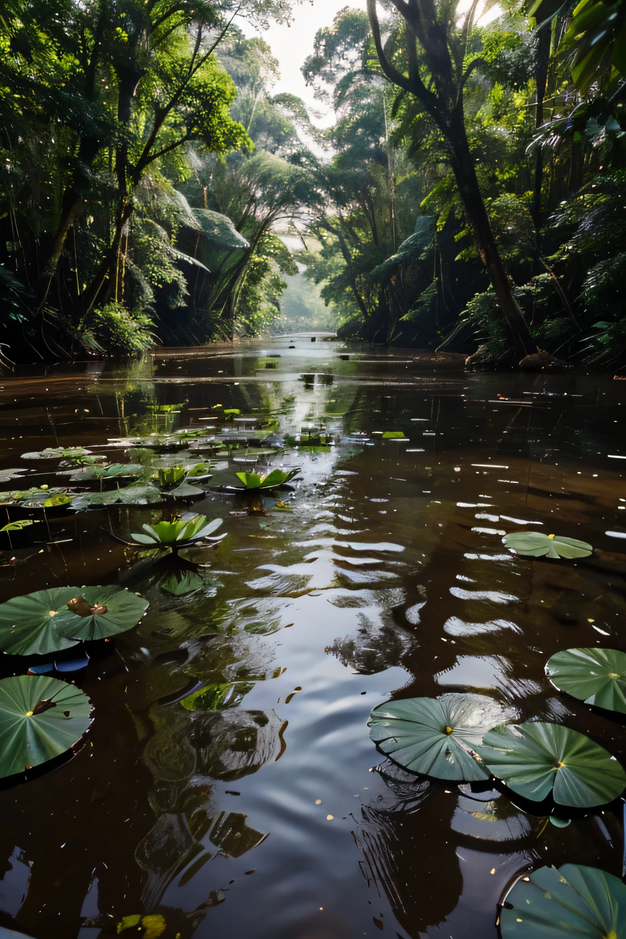 Forest with medium-stemmed trees and roots submerged in the river, Amazon, rio com cor meio escura, and water lily plants.