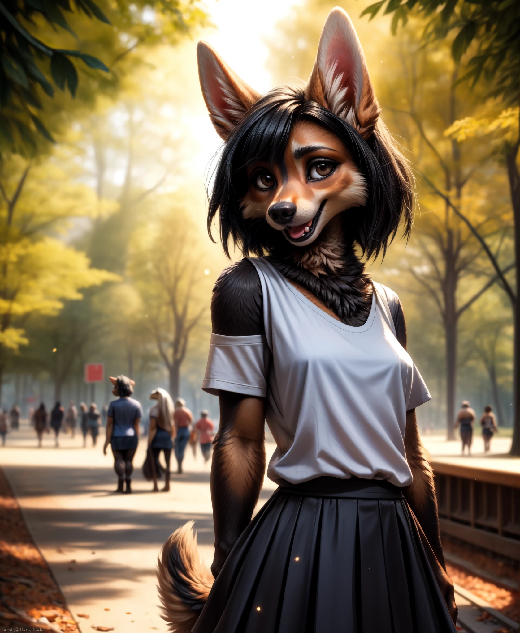 by kenket, by totesfleisch8, (by thebigslick, by silverfox5213:0.8), (by syuro:0.2), (by qupostuv35:1.2), depth of field, light particles,sharp focus,light particles, 1girl, furry, anthropomorphic, ((dog)), dog girl, black fur, short black hair cut, eyesgod, blush, brown_eyes, looking_at_viewer, smile, solo, furry, animal_ear_fluff, open_clothes, arms behind back, upper body, tail, (clothed, tshirt, short/skirt), sunlight, park, open mouth, from below, arms behind back, FurryAnime, FurryCore