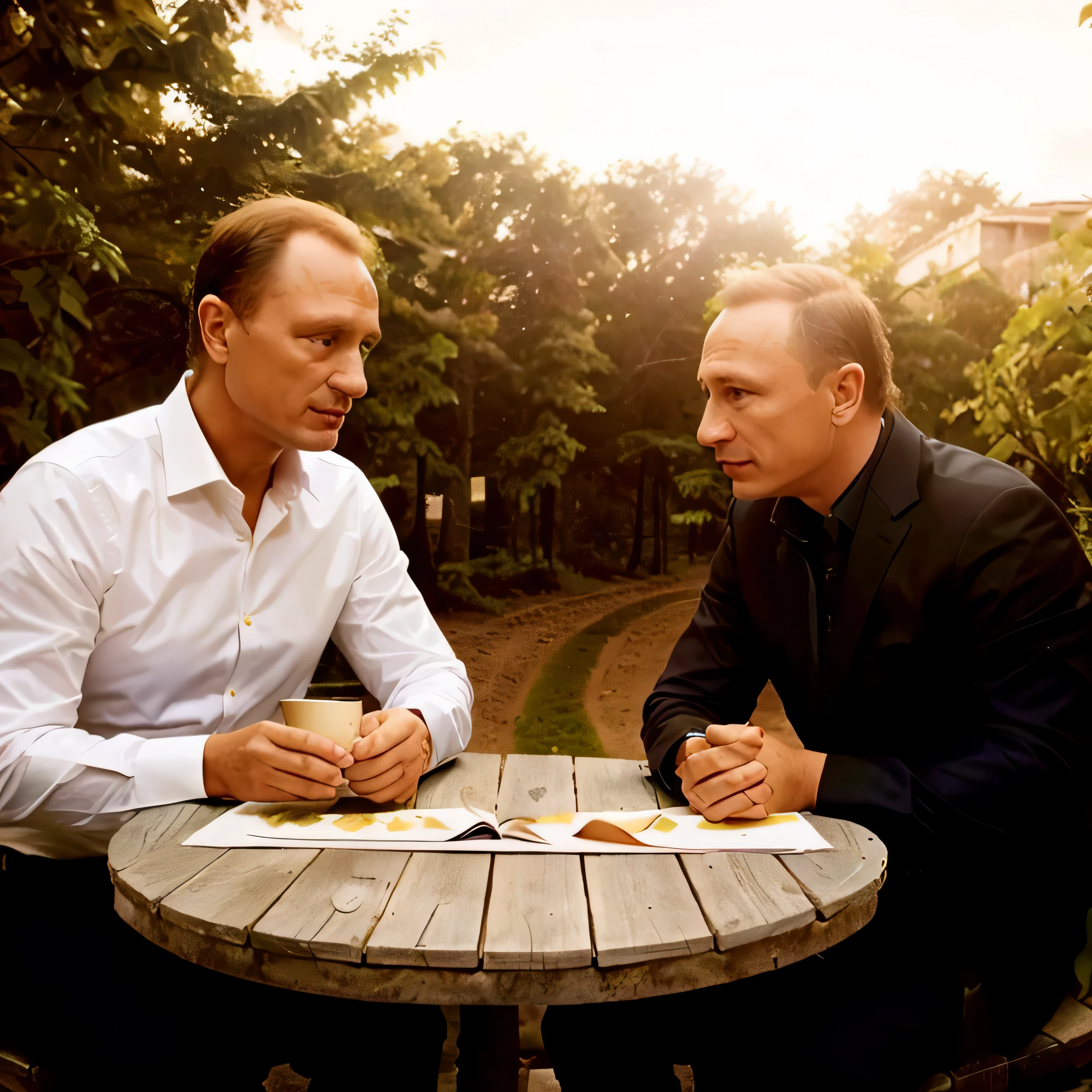 they are sitting at a table outside talking to each other, como Vladimir Putin, political meeting in the woods, Fotografado para a Reuters, por Alexander Fedosav, Alexandre Rostov, 15081959 21121991 01012000 4k, Anton Fedeev, Petros e Leonid