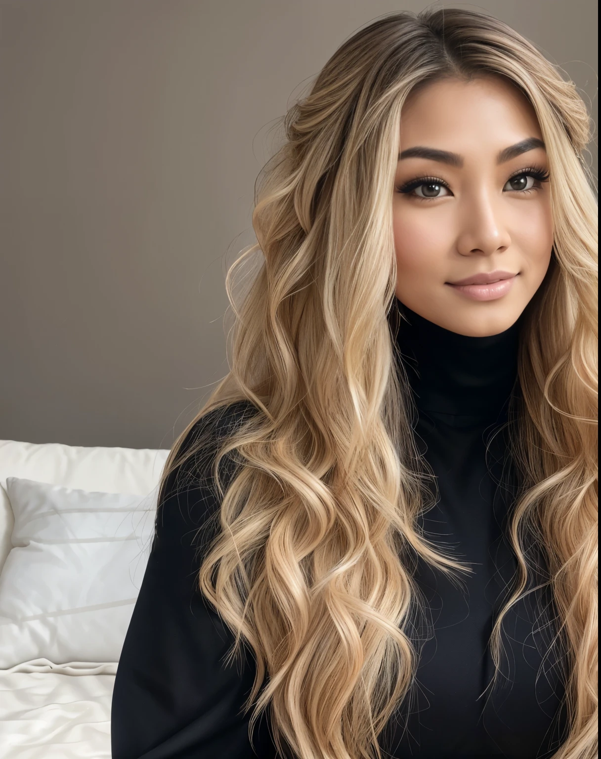 Young Thai woman, Fit physique, fitness physique, portant de la lingerie noire sexy, watch on the canapé, les jambes ouvertes, corps sexy, (8K), (best quality), (chef-d&#39;artwork:1.3), (realistic), (Photorealistic:1.34), ultra-detailed, [Beautiful detailed eyes], (sourire), (sourire), (beautiful detailed nose), [very long blonde hair], (haut court), lingerie noire, (superbes seins taille normale), (gros plan), profondeur de champ, full body view, sitting on the sofa, legs spread, montrant l&#39;entrejambe, pieds en l'air