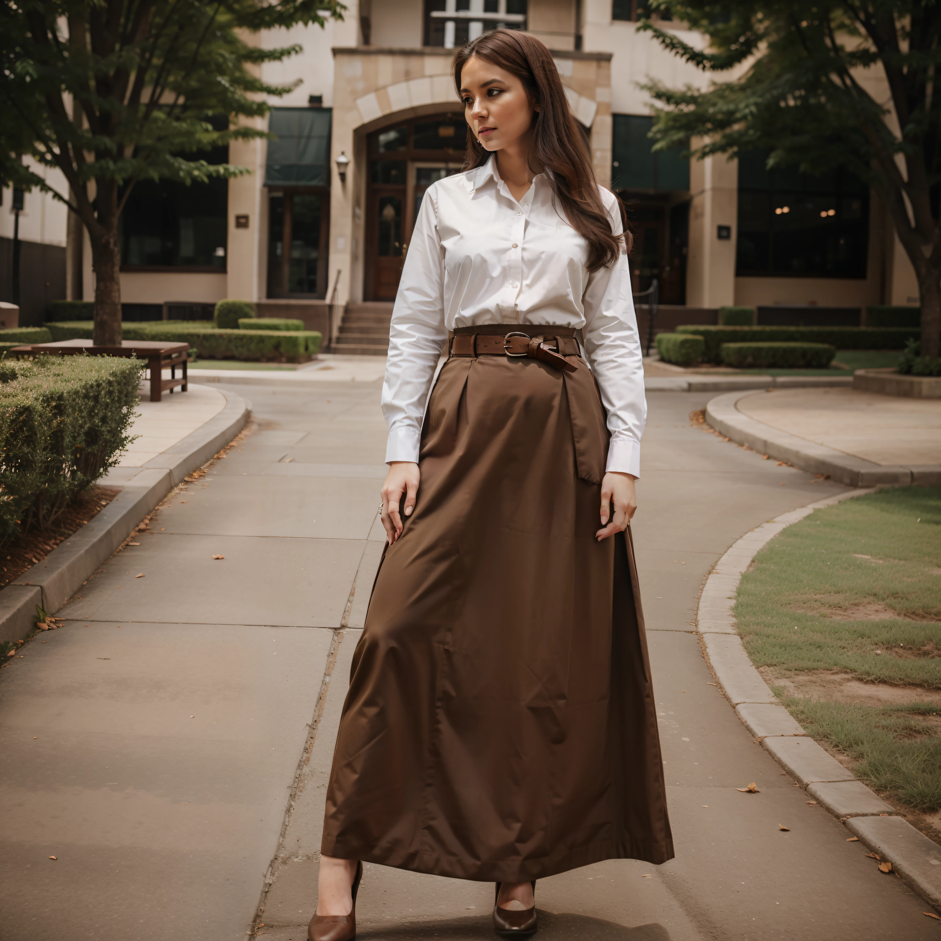 modest christian lady wearing shirt and long skirt with brown sash