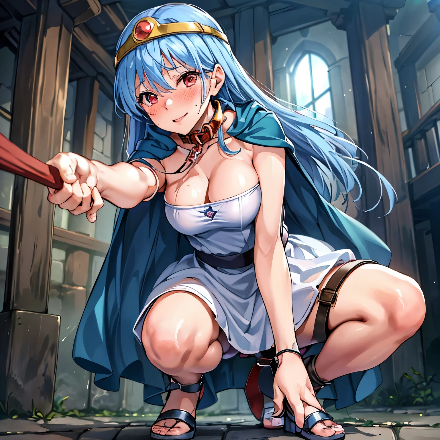 (Realistic, Photorealistic), soft lines, in a dark and gloomy world, from front, from below, face focus, (close-up:1.1), blurry background, 14yo 1girl, (baby face), clothed, sage \(dq3\), blue hair, white dress, cape, red eyes, circlet, sit, break, stroll_with_pet, (viewer holding leash, leash:1.2), squatting,open legs, (orgasm face:1.3), (tired), (blush your nose), in cave, masterpiece, high quality, best quality, beautiful, hd, perfect lighting, detailed face, detailed body, masterpiece, best quality, intricate details, 8k uhd, perfect face, perfect eyes