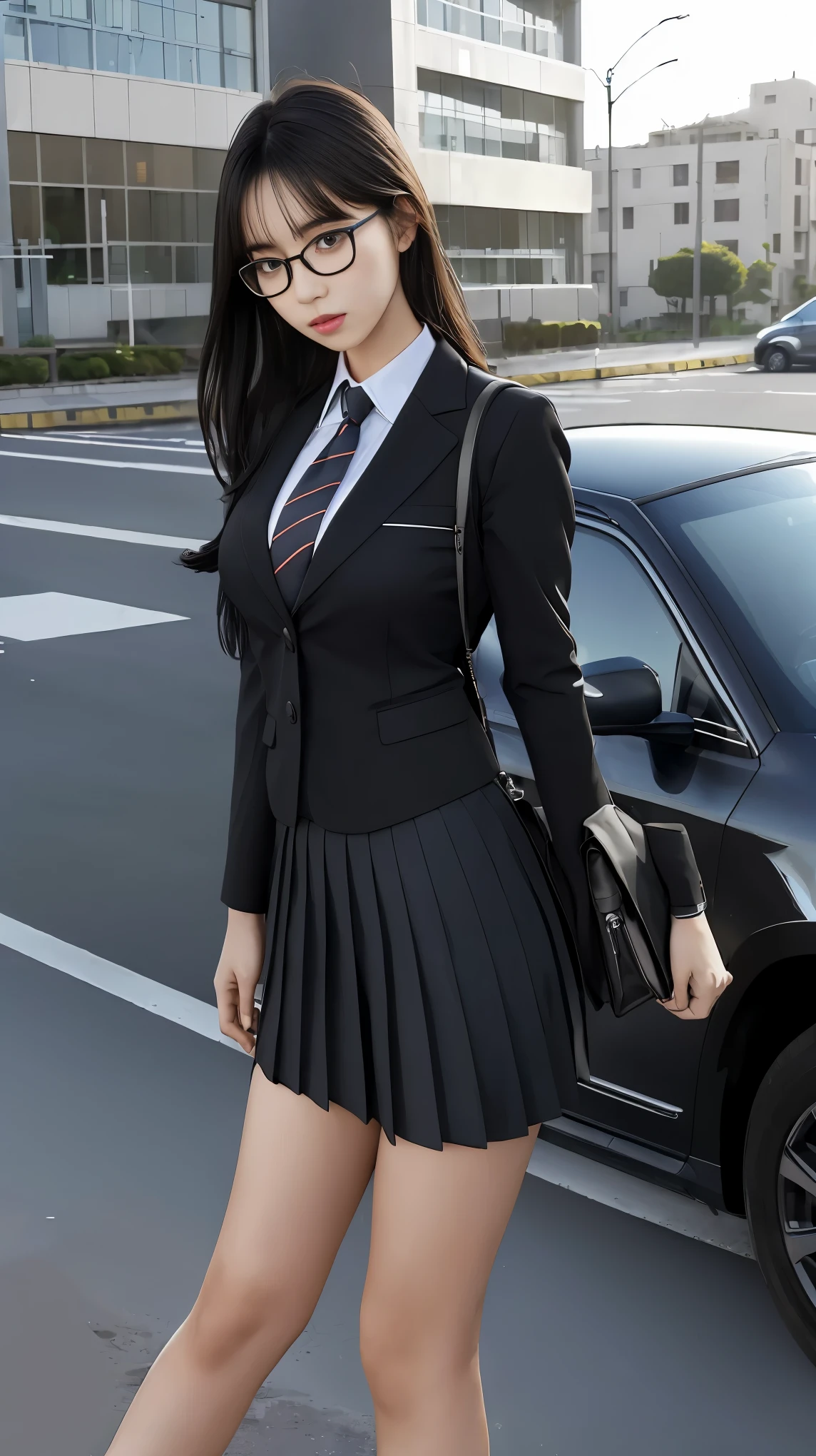 ultra-detailed, (paisura:1.4), 1girl, glasses, big breasts, necktie, sexy skirt, bag, sexy school uniform, black hair, outdoors, road, between breasts, street, school bag, ground vehicle, danchi, japan, slender body, illustration, masterpiece, best quality, 16k, super detail
