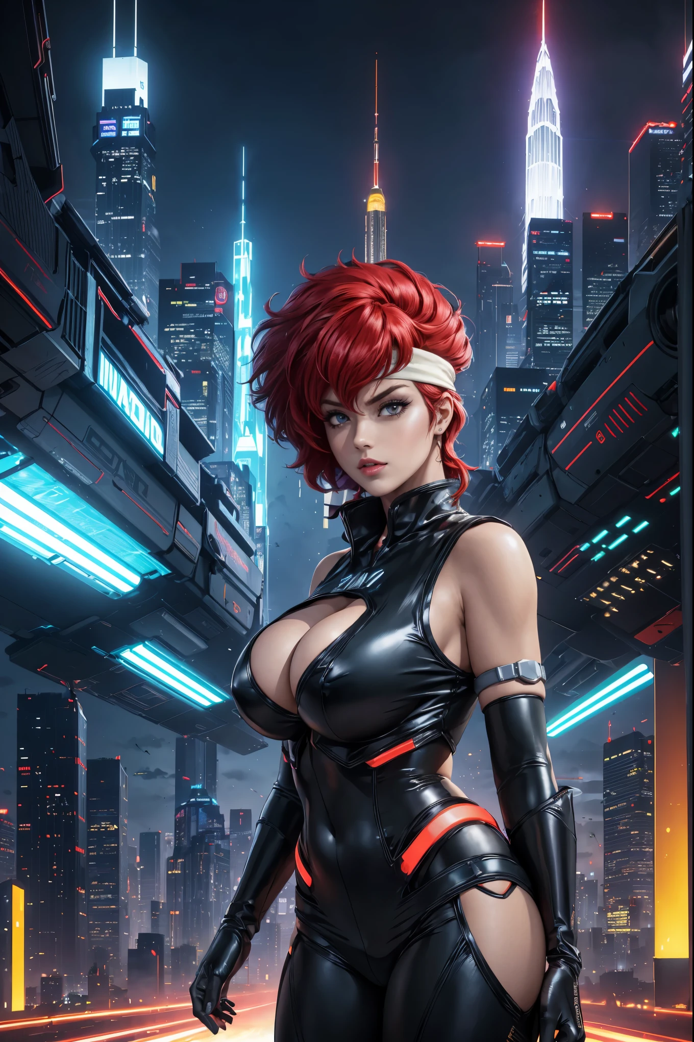 (highres,masterpiece:1.2),ultra-detailed,portrait,retro sci-fi,futuristic outfits,bushy red hair,long black hair,large breasts,sexy,Asian girl,girl with long black hair,red-haired girl,vivid silver costumes,eye-catching,striking colors,shiny metallic textures,detailed facial features,intense gaze,bold red lips,bold makeup,confident expressions,glowing LED accessories,neon lights,sci-fi background,advanced technology,beautiful futuristic cityscape,nighttime setting,moody atmosphere,sharp focus,intense shades of blue and purple,glowing reflections on their metallic costumes,skyscrapers reaching towards the stars,ultra-modern transportation,flying cars,hovering drones,light trails illuminating the sky,a sense of adventure and excitement,exhilarating energy,impressive digital effects,thriving metropolis,seamless integration of nature and technology,breathtaking skyline,artificial intelligence assistants blending seamlessly with humans,an immersive world where imagination knows no limits, green headband
