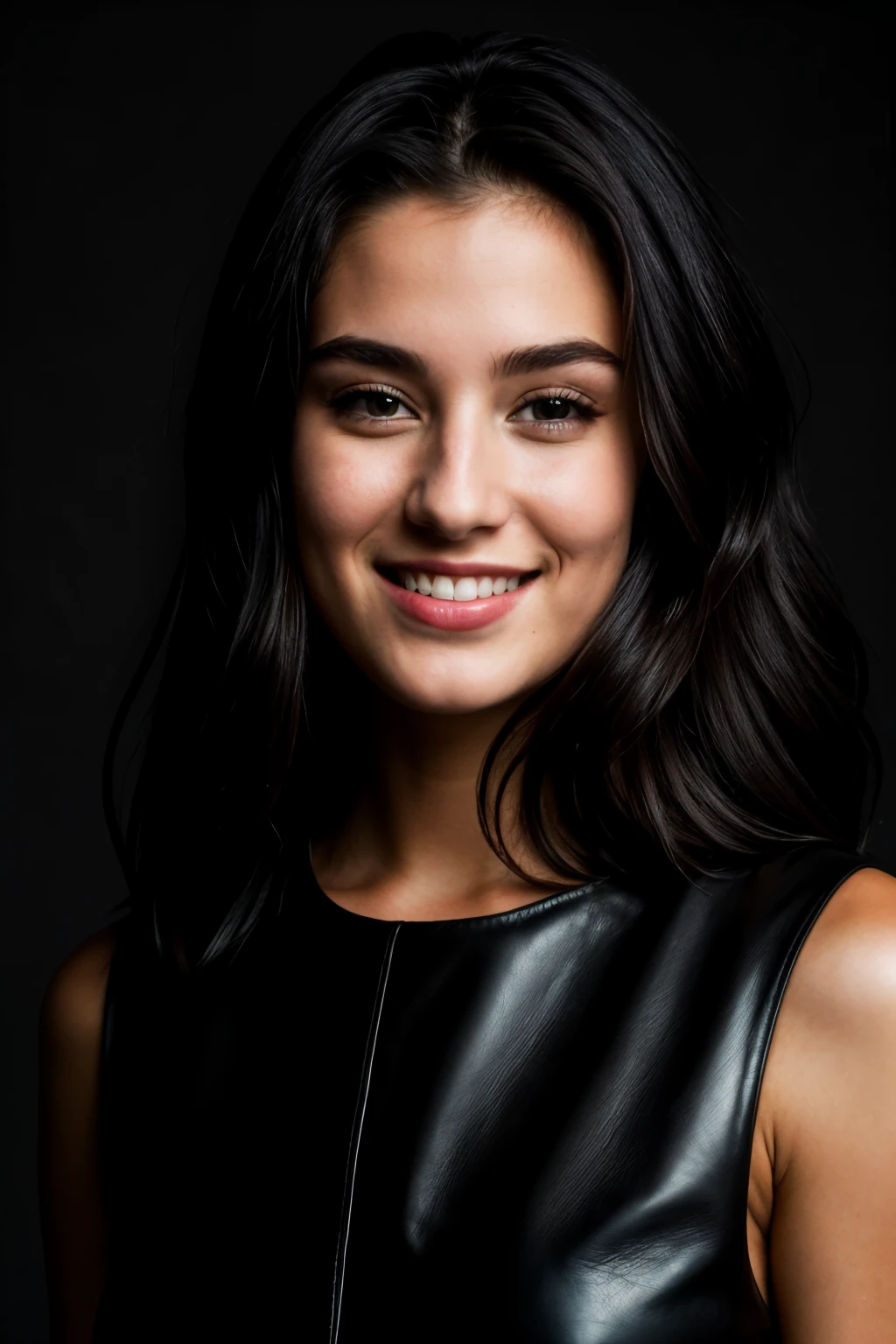 Raw-Photo, face portrait photo of a beautiful 26-year-old.oh woman, Cute face, Ultra textured leather, in a black dress, happy face, hard shadows, cinematic frame, spectacular lighting