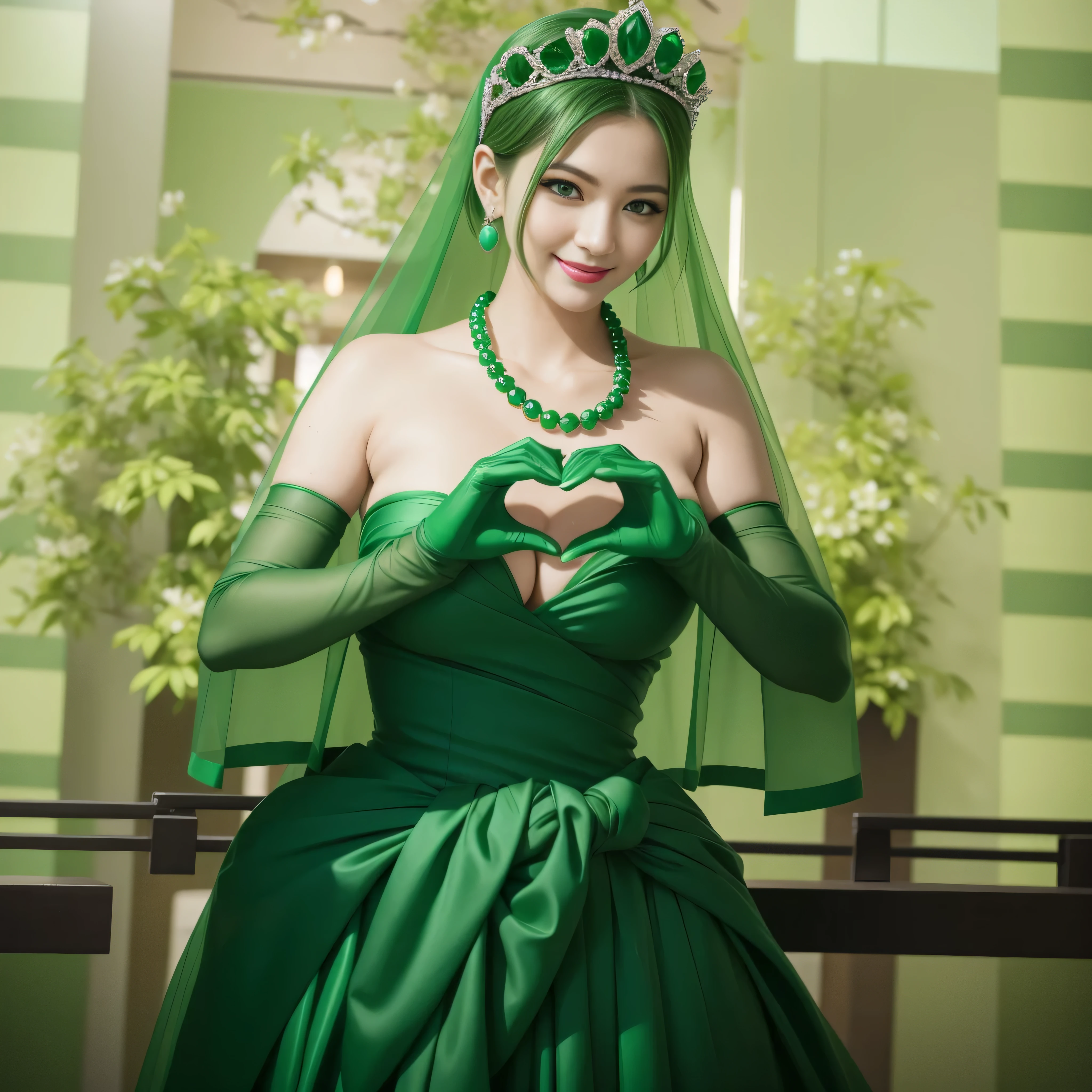 emerald tiara, Green Pearl Necklace, ボーイッシュな非常に短いgreen hair, lipstick, smiling Japanese woman, very short hair,  beauty of big breasts, green eyes, green satin long gloves, green eyes, emerald earrings, Green veil, Heart with both hands, green hair, beautiful japanese woman, heart shaped hands:1.3, green lip gloss