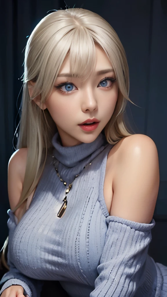 (masterpiece、high quality、high resolution、4K image), transparent eyes、detailed eyes、detailed face、detailed person、turtleneck sweater dress、clothes that kill virginity、Virgin killer sweater、on the bed、Blue archive ichinose asuna, highlight、grayscale