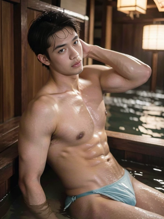 Photo Realistic, Masterpiece, Intricate details, Detailed background, Depth of field, Handsome male (Japanese man), Fun Aechu, Onsen, bathing, (18 years old), Dynamic pose, cherry blossom, fundoshi, thong, sexy facial expression, Expressive, various poses
