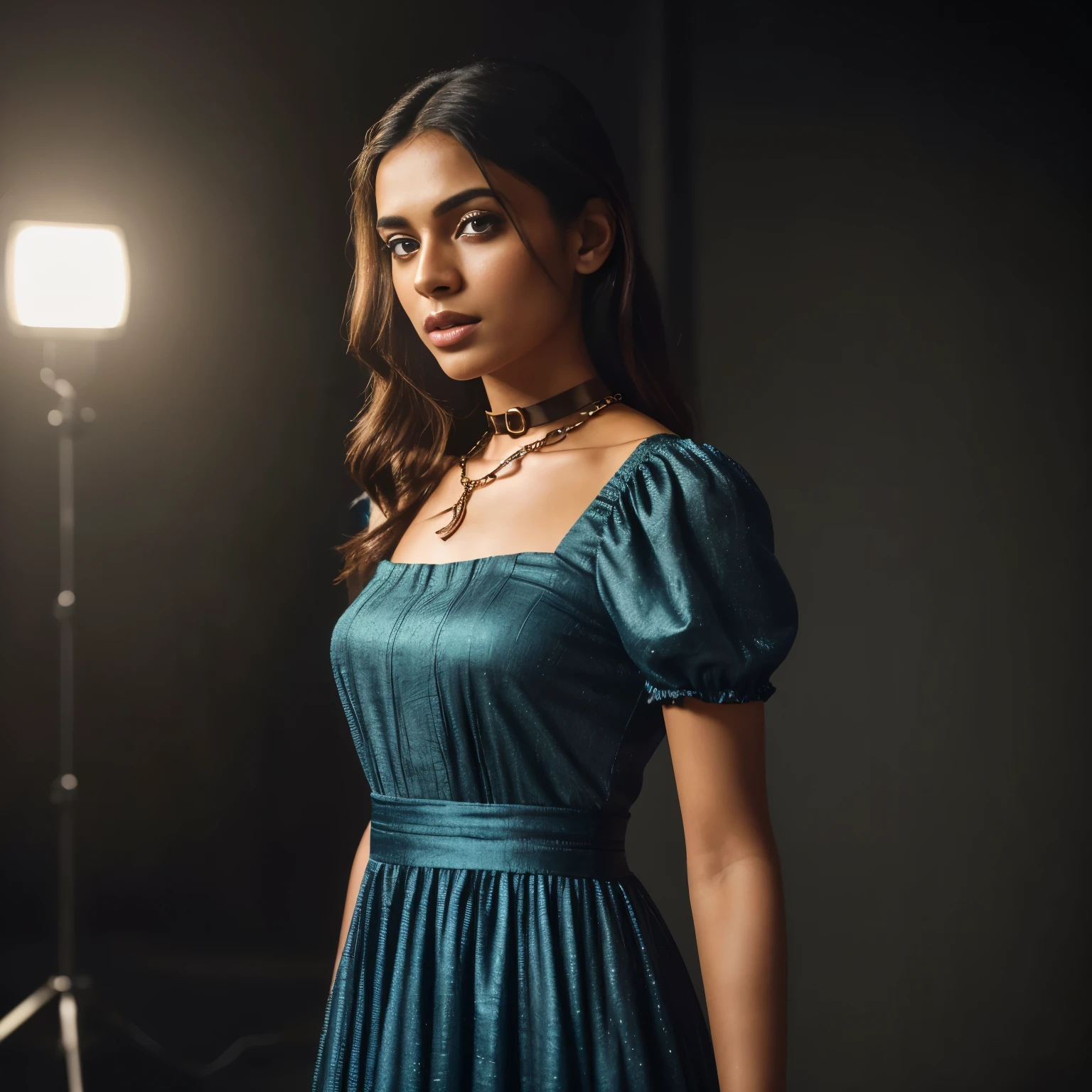 In this photograph, an Indian Instagram female model in her mid-23s takes center stage. , (highly detailed face:1.4) (smile:0.7) (backround 5 star hotel , moody, private study:1.OV, by lee jeffries, nikon d850, film stock photograph ,4 kodak portra 400 ,camera f1.6 lens ,rich colors ,hyper realistic ,lifelike texture, dramatic lighting , cinestill 800, realistic, wearing colorful dobby weave self design fit & flare sexy dress Sweetheart neck Short, puff sleeve Tie-up detail on back Above knee length in flounce hem Attached Lining Chiffon fabric, actress, karla ortiz, posing!!, candid picture, by Max Dauthendey,Completing the aesthetic, the model wears a slave collar with a chain around her neck. The photograph is meticulously captured in 8K resolution using cutting-edge techniques such as Cinema 4D and Octane Render, resulting in a highly detailed and photorealistic image. Studio lighting, HDR, and a smoky mist create a captivating ambiance, while the bokeh effect adds an artistic touch.