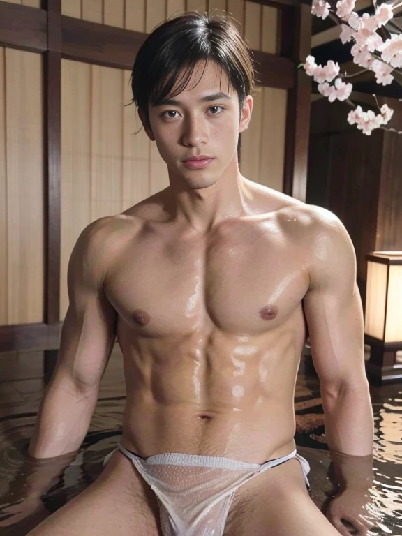 Photo Realistic, Masterpiece, Intricate details, Detailed background, Depth of field, Handsome male (Japanese man), Fun Aechu, Onsen, bathing, (18 years old), Dynamic pose, cherry blossom, fundoshi, see through thong, sexy facial expression, Expressive, various poses , sexy , nsfw , eroticism