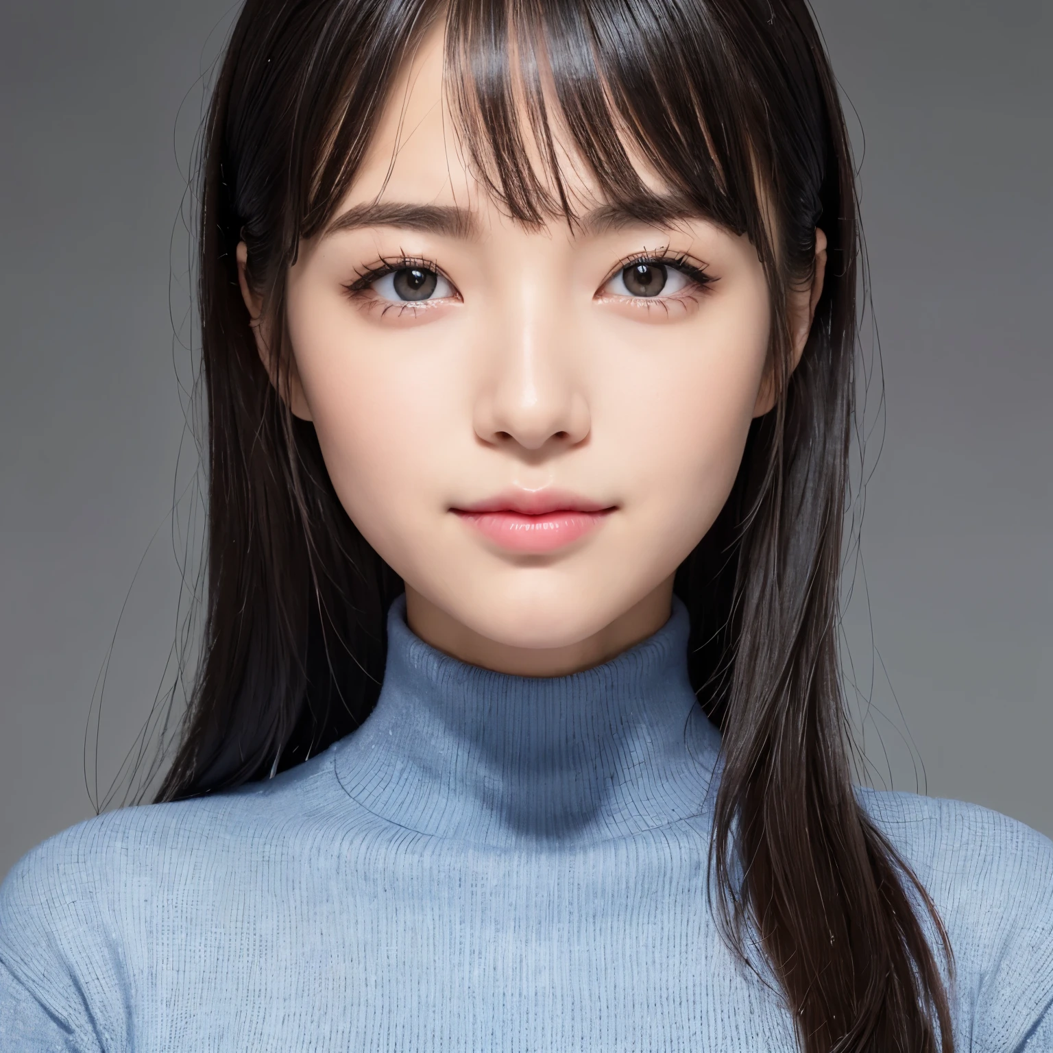 highest quality, realistic, 8k, High resolution, 1 girl, woman, (skin dents), (professional lighting), (portrait:0.6), (blue turtleneck sweater), nice, (short black hair:1), (look at the camera), ((looking at the viewer:1.5)), (look at the camera), realistic, (Bokeh), (I wore it:0.6), nice, (dynamic pose:1.2), Irradiates strong light around the face, lips, (closed mouth:1.3), smile,、Beautiful skin with ultra-high definition gloss and moisture、Ultra high definition beauty face、Super high-definition sparkling eyes、ultra high definition hair、accurate anatomy