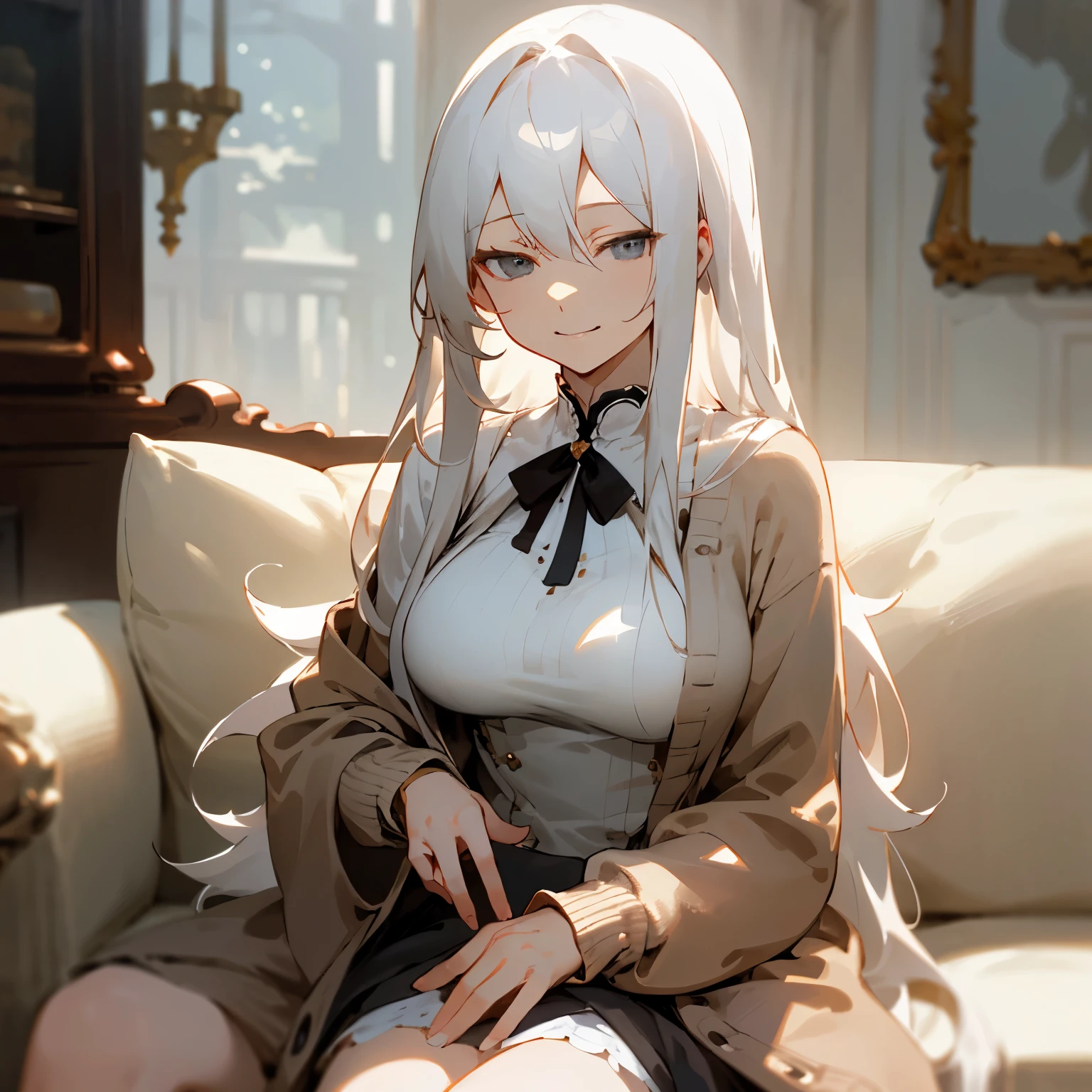 (masterpiece、top-quality)、Hair with a short neckline、big breast , 1 girl with long white hair、brown cardigan、Smirk、grey eyes、Warm lighting、sitting on a sofa formally, Blurred white foreground、