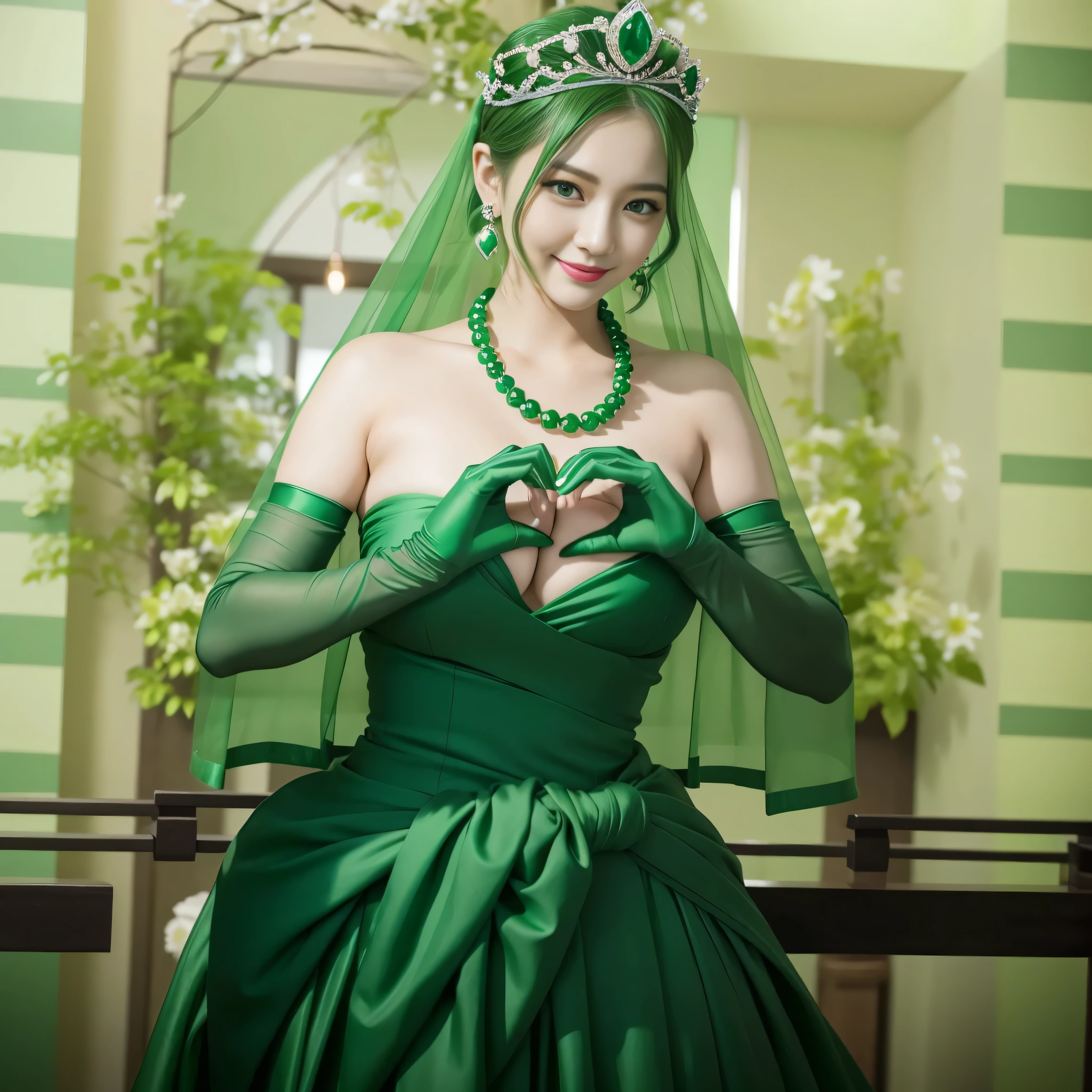 emerald tiara, Green Pearl Necklace, ボーイッシュな非常に短いgreen hair, lipstick, smiling Japanese woman, very short hair,  beauty of big breasts, green eyes, green satin long gloves, green eyes, emerald earrings, Green veil, Heart with both hands, green hair, beautiful japanese woman, heart shaped hands:1.3, green lip gloss