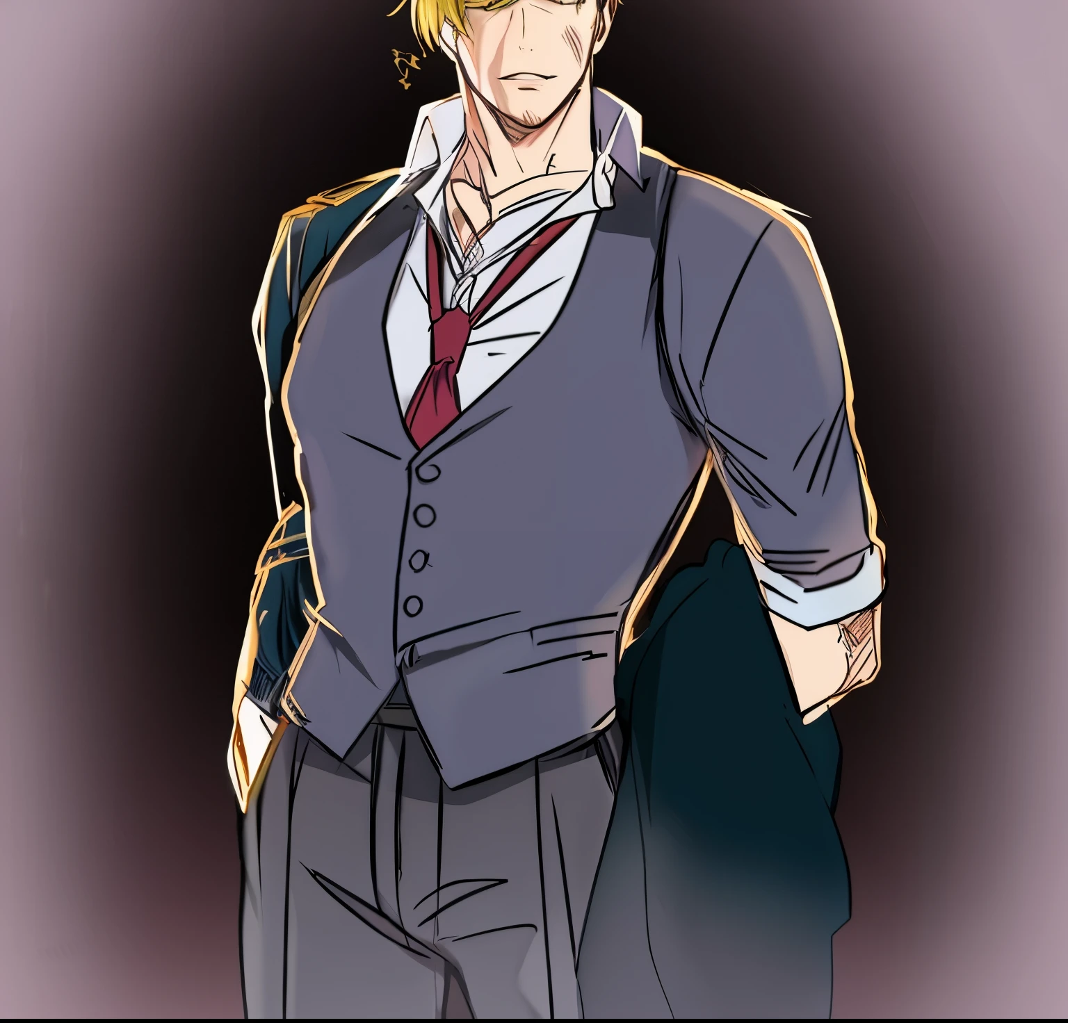 um desenho de um homem com uma cicatriz grande no rosto de colete e gravata segurando um terno, sem camisa por baixo do colete, vestindo um colete e uma gravata, Homem bonito de anime, dramatic smile pose, cara de anime alto com olhos azuis, johan liebert misturado com dante, johan liebert misturado com alucard, bela pose de anime, Kentaro Miura manga art style, looking smug