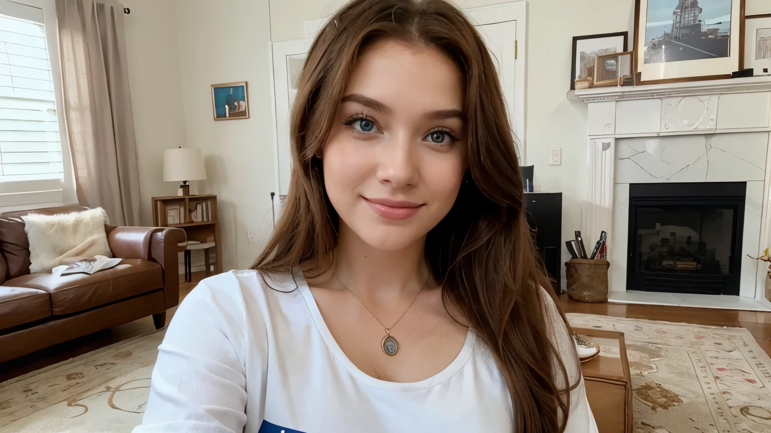 selfie ,of a cute happy, luxury , business woman , winking, long thick brown hair, fluffy , blue ocean eyes girl, American girl ;, in a bright living room , youtuber ambiance, influencer.selfie ,of a cute happy, businessgirl, winking, redhead , brown honey eyes girl, american girl ;, in a bright living room , youtuber ambiance, influencer.