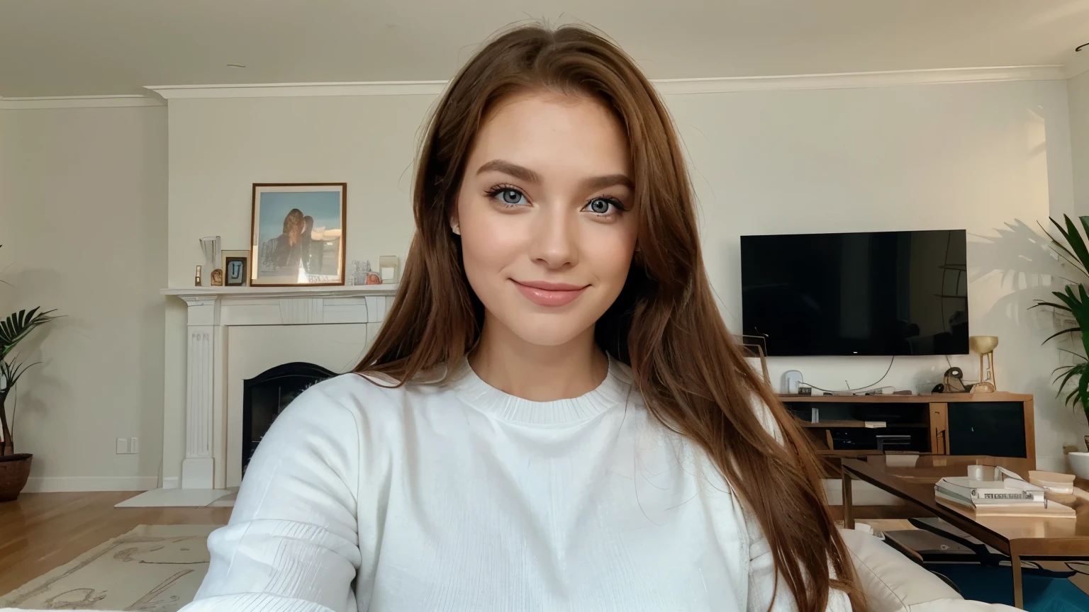 selfie ,of a cute happy, luxury , business woman , winking, long thick brown hair, fluffy , blue ocean eyes girl, American girl ;, in a bright living room , youtuber ambiance, influencer.selfie ,of a cute happy, businessgirl, winking, redhead , brown honey eyes girl, american girl ;, in a bright living room , youtuber ambiance, influencer.
