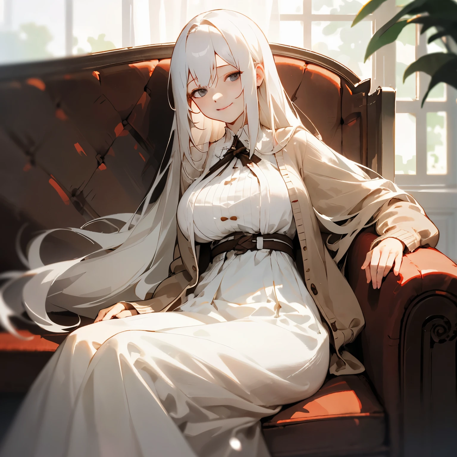 (​masterpiece、top-quality)、Hair with a short neckline、big breast , 1 girl with long white hair、brown cardigan, white dress、Smirk、grey  eyes、Warm lighting、sitting on a sofa formally, Blurred white foreground、