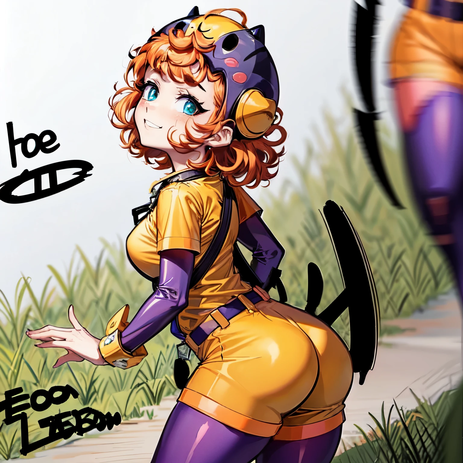 Masterpiece, high quality, happy, 1girl, orange hair, short hair, curly hair, freckles, helmet, bodysuit, yellow shirt, short sleeves, long sleeves, belt, yellow booty shorts, purple thighhighs, sexy body, gorgeous body, beautiful, beautiful legs, (((solo))), (((1girl))), (((from behind))), (((good anatomy)))