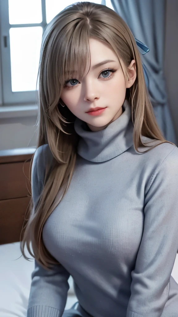 (masterpiece、high quality、High resolution、4K image), transparent eyes、fine eyes、detailed face、knowledgeable person、turtleneck sweater dress、clothes that kill virgins、virgin killer sweater、on the bed、Blue archive ichinose asuna, highlight、grayscale