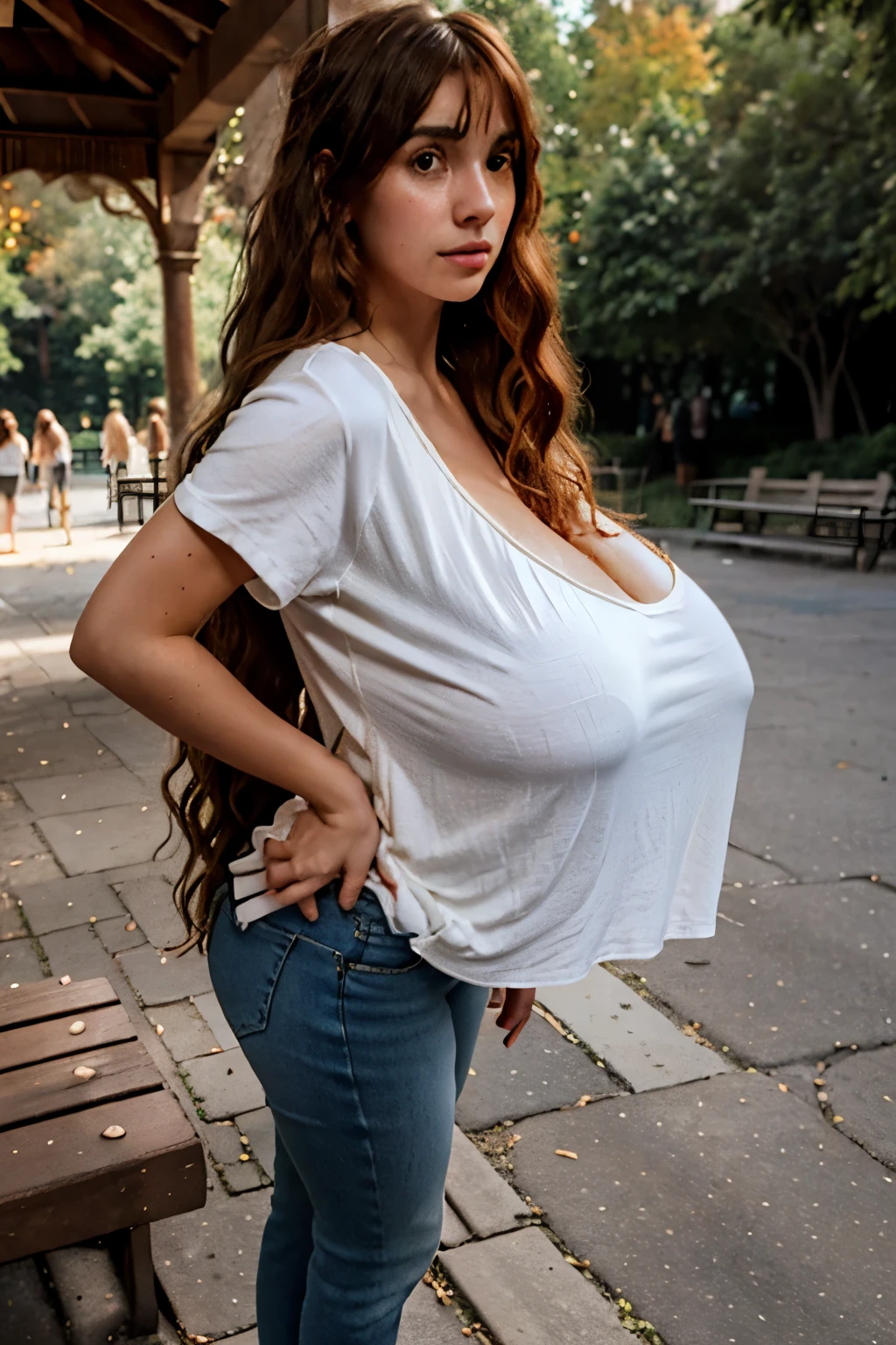 sfw, sweaty Jewish-Italian woman with very long messy auburn hair, long bangs, 25 years old, full body, (tall:1.1), overhang, lithe figure, angled view, arched, [arms:1.25], [hands:1.5], Central Park, trees, lamppost, bench, people, loose long bellbottom jeans, baggy white scoop-neck t-shirt, soft light, warm glow on her face and body, aloof, messy hair, high-detail skin, hdr, (long full wavy hair:1.4), (huge gigantic breasts:1.2), (cleavage:1.25)