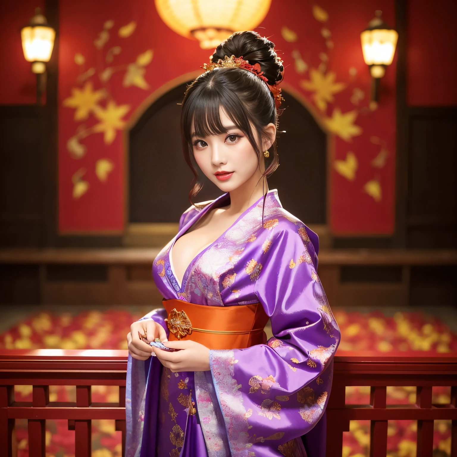 (highest quality、table top、8k、best image quality、ultra high resolution、Award-winning work)、One prostitute、The most gorgeous red courtesan furisode、Flashy and vivid furisode of the highest quality、High-quality long-sleeved kimono with large floral pattern、seductive prostitute、A sexy courtesan、very sexy prostitute、(large floral kimono:1.1)、Long-sleeved kimono with slight golden decoration、Lots of gorgeous big hair ornaments、look at me and smile、bright red lips、red eyeshadow、small cleavage、(露出した裸のshoulder、publish one&#39;shoulder、publish one&#39;shoulderVネックの振袖)、bun hair、Furisode with the most gorgeous and detailed floral pattern、、(bright red wall and shoji wall:1.1)、(beautiful autumn leaves:1.1)、The most luxurious giant hairpin、red autumn leaves decoration、(Autumn leaves shoji:1.1)、Impressive moody lighting from red luxury lanterns、1 Japanese-style high-end red lantern、(bright red carpet:1.1)、Furisode with extremely detailed and huge floral pattern、accurate anatomy、the most intricate and gorgeous patterns、ultra high resolutionの艶と潤いのある美肌、ultra high resolutionの美しい顔、ultra high resolutionの煌めく瞳、ultra high resolutionの完璧な歯、ultra high resolutionの髪の毛、ultra high resolutionの艶のある赤い唇、(The long-sleeved kimono has a large pink floral pattern., purple, And blue.:1.2)、(Mr..々Long-sleeved kimono with colorful floral patterns:1.1)、(The most vivid and colorful giant flower decoration:1.1)、((huge colorful flower decoration、huge blue floral pattern、huge purple floral pattern、huge pink floral pattern、giant orange flower pattern))、Elegant Japanese-style room、alone