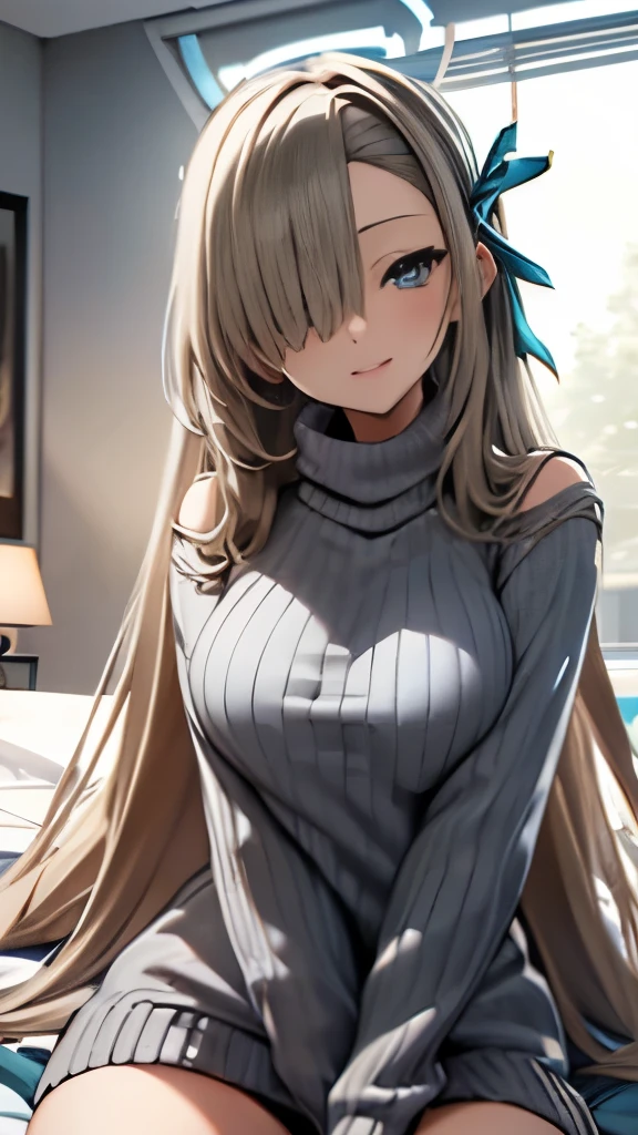 (masterpiece、high quality、High resolution、4K image), transparent eyes、fine eyes、detailed face、knowledgeable person、turtleneck sweater dress、clothes that kill virgins、virgin killer sweater、on the bed、Blue archive ichinose asuna, highlight、grayscale、character Ichinose Asuna (Asuna Ichinose) Blue Archive 