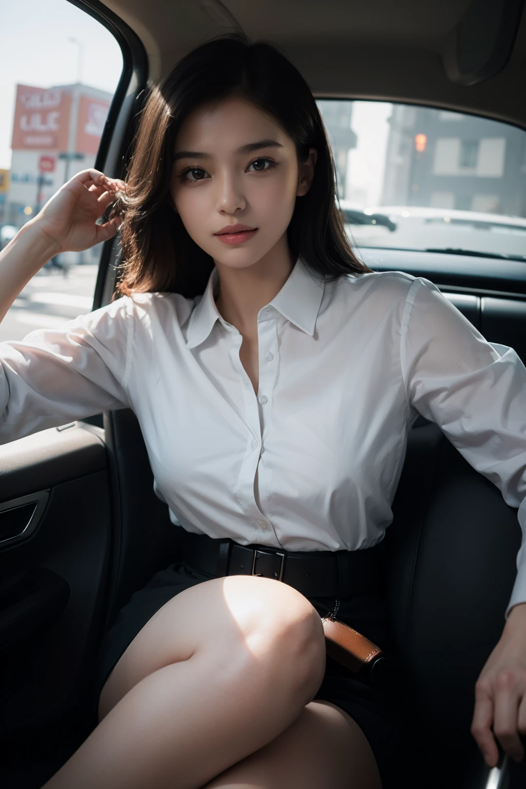 best quality, masterpiece, (photorealistic:1.4), 1girl, light smile, shirt with collars, waist up, dramatic lighting, from below, girl sit at police car
