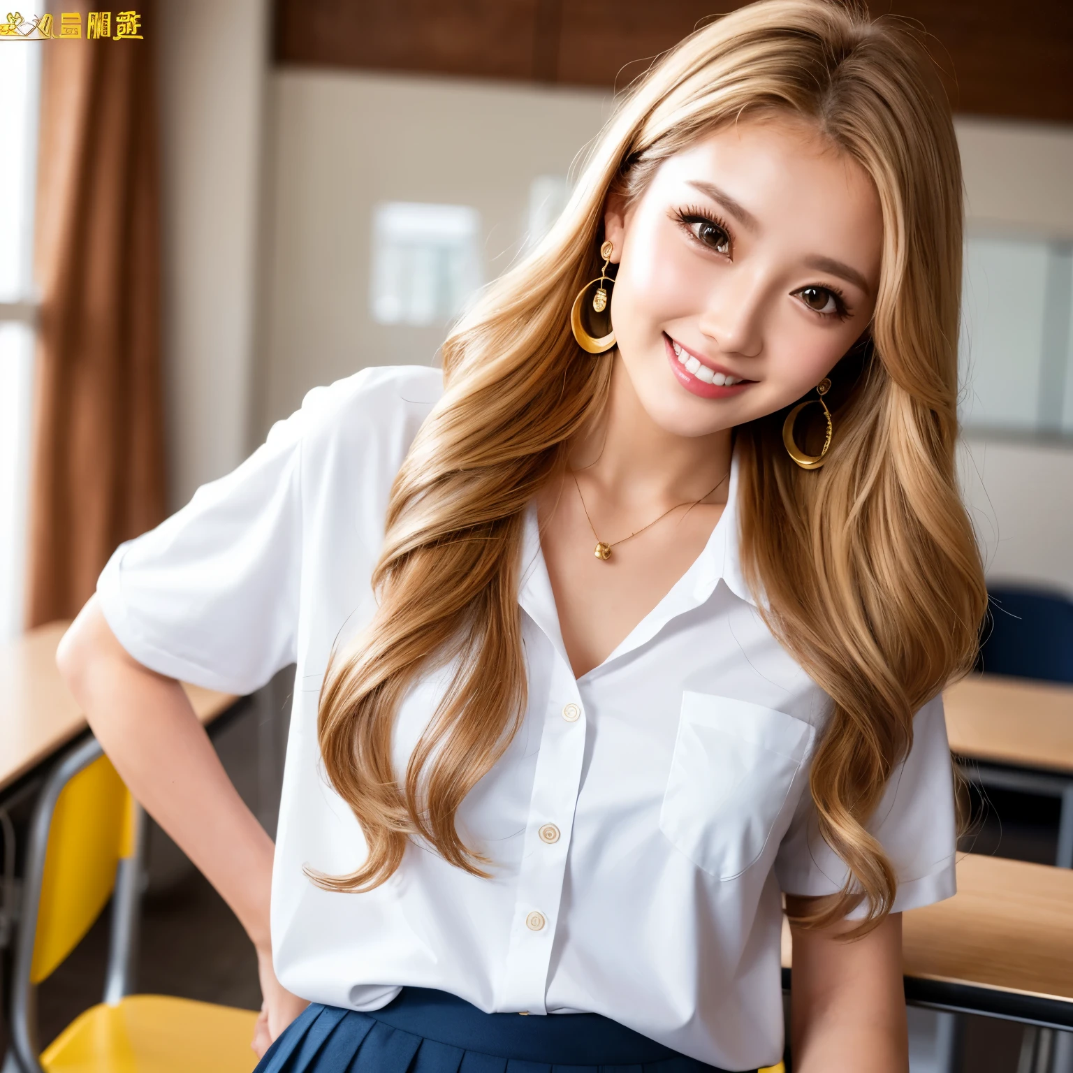 (highest quality、table top、8k、best image quality、Award-winning work)、1 beautiful 、blonde gal、long wavy hair、Bright color contacts、necklace、small precision earrings、exposed chest、(polyester high school uniform shirt:1.1)、thin、cleavage、huge breasts、emphasize the bust line、(accurate anatomy:1.1)、the best smile when you look at me、The most natural and perfect high school classroom background、(Strongly blurred background:1.1)、(The most natural and authentic high school classroom interior:1.1)、(The most natural and perfect regular arrangement of desks and chairs:1.1)、perfect makeup、(ultra high resolution glossy, Fair skin:1.1)、Ultra-high resolution face、ultra high resolution hair、Super high resolution sparkling eyes、Super high resolution glossy lips、(Super high resolution perfect beautiful teeth:1.1)、(Very brightly illuminated white skin:1.1)、Beautiful face drawn in every detail、photo from the chest up、(close up of face:1.1)