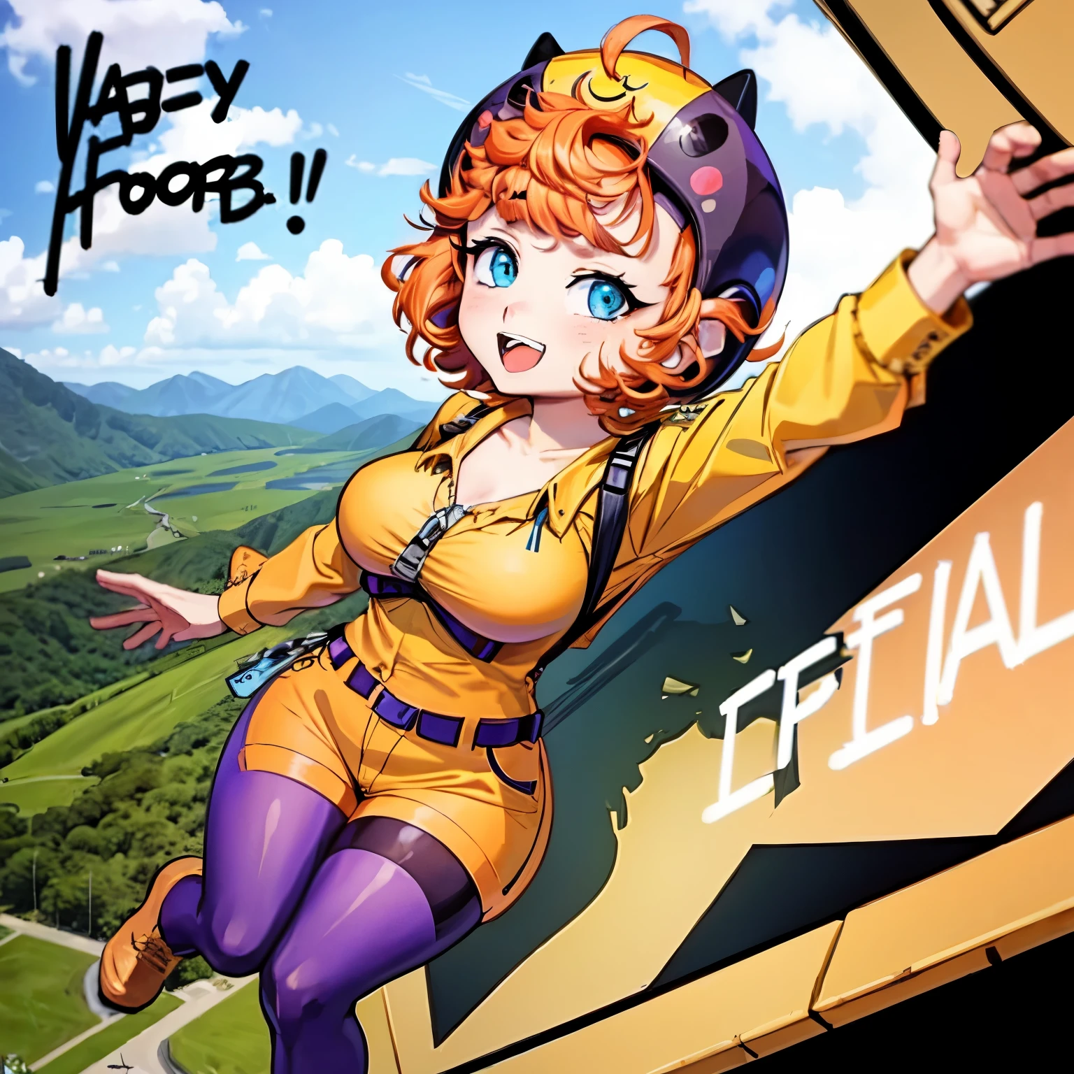 Masterpiece, high quality, happy, 1girl, orange hair, short hair, curly hair, freckles, helmet, bodysuit, yellow shirt, short sleeves, long sleeves, belt, yellow small shorts, purple thighhighs, sexy body, gorgeous body, beautiful, beautiful legs, (((solo))), (((1girl))), (((good anatomy)))