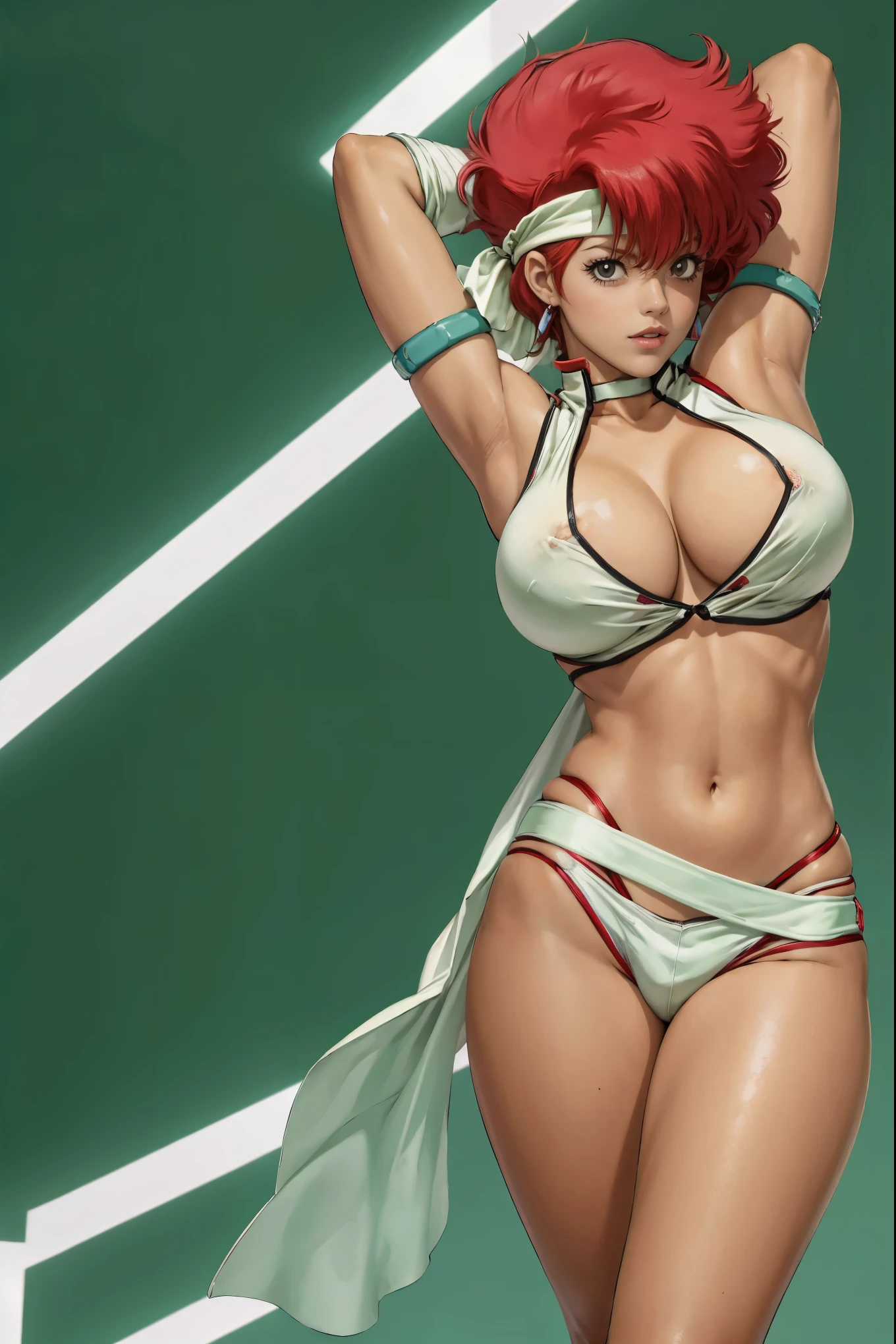 Kei from The Dirty Pair wearing a skimpy white outfit, cleavage, green headband, bushy red hair